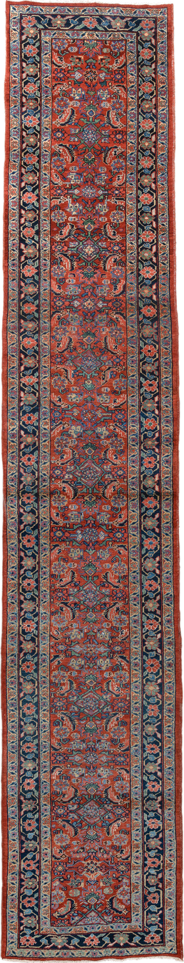 3' x 18' one-of-a-kind handmade vintage Heriz runner rug. Color palette: rust, navy, ivory, sky_blue, coral, camel
