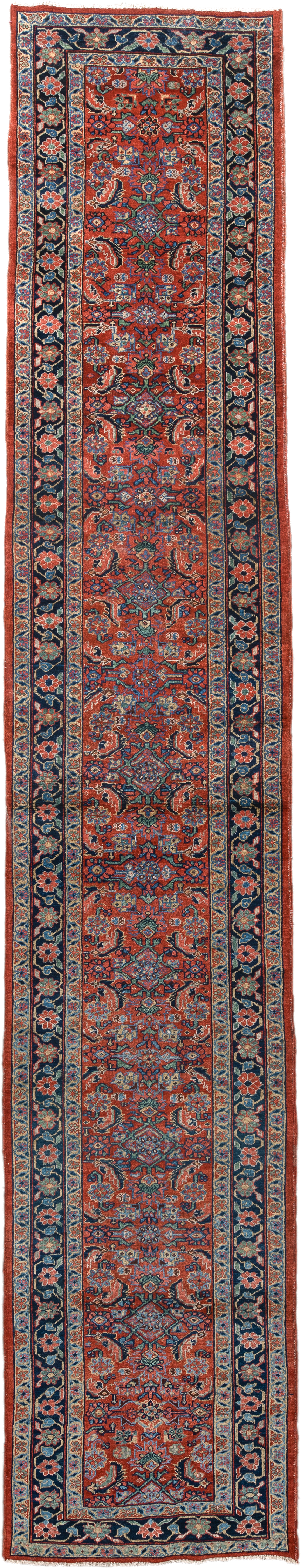 3' x 18' one-of-a-kind handmade vintage Heriz runner rug. Color palette: rust, navy, ivory, sky_blue, coral, camel