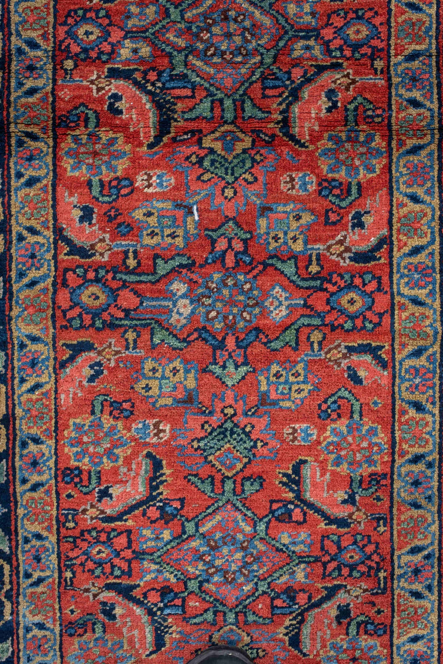 3' x 18' one-of-a-kind handmade vintage Heriz runner rug. Color palette: rust, navy, ivory, sky_blue, coral, camel