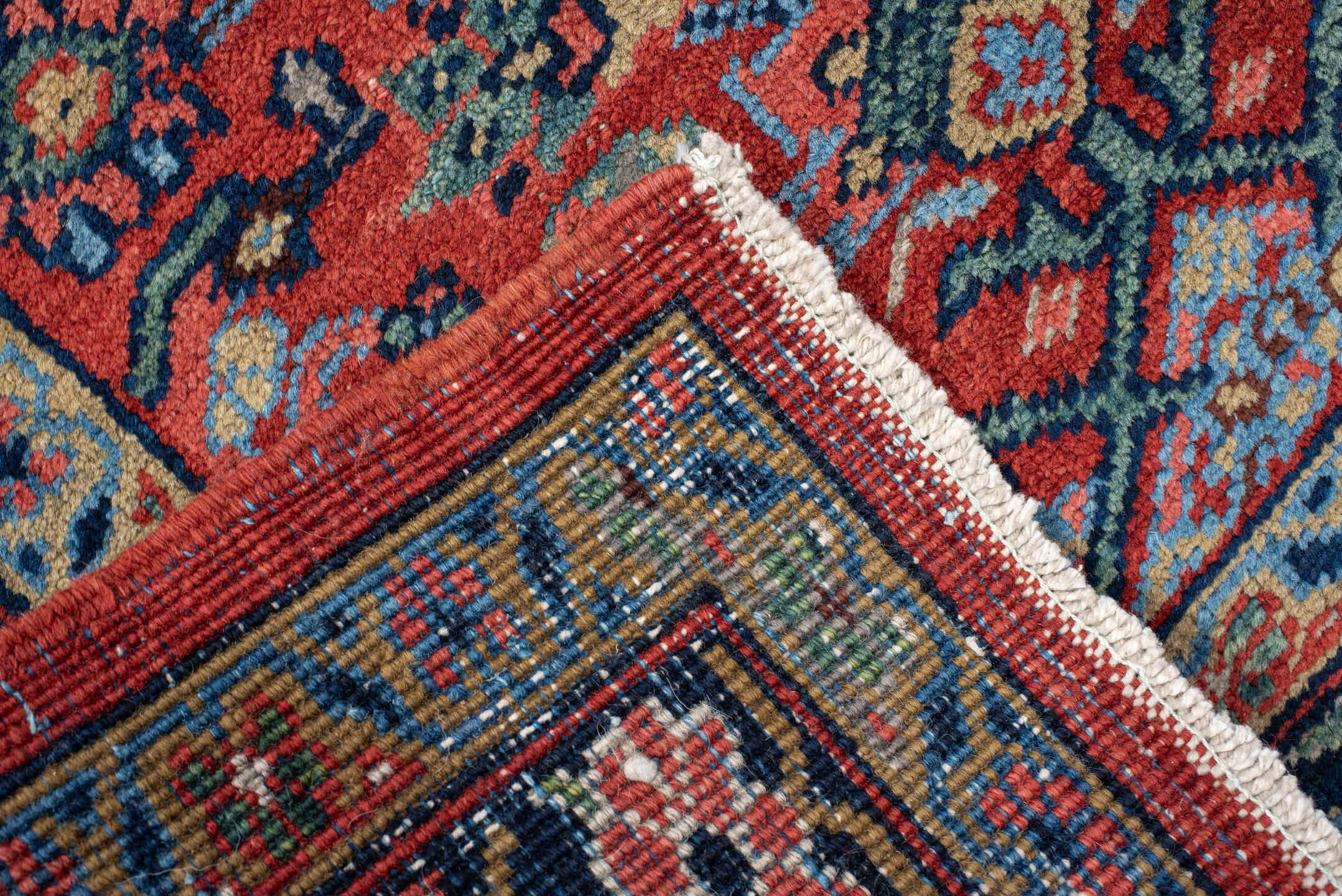 3' x 18' one-of-a-kind handmade vintage Heriz runner rug. Color palette: rust, navy, ivory, sky_blue, coral, camel