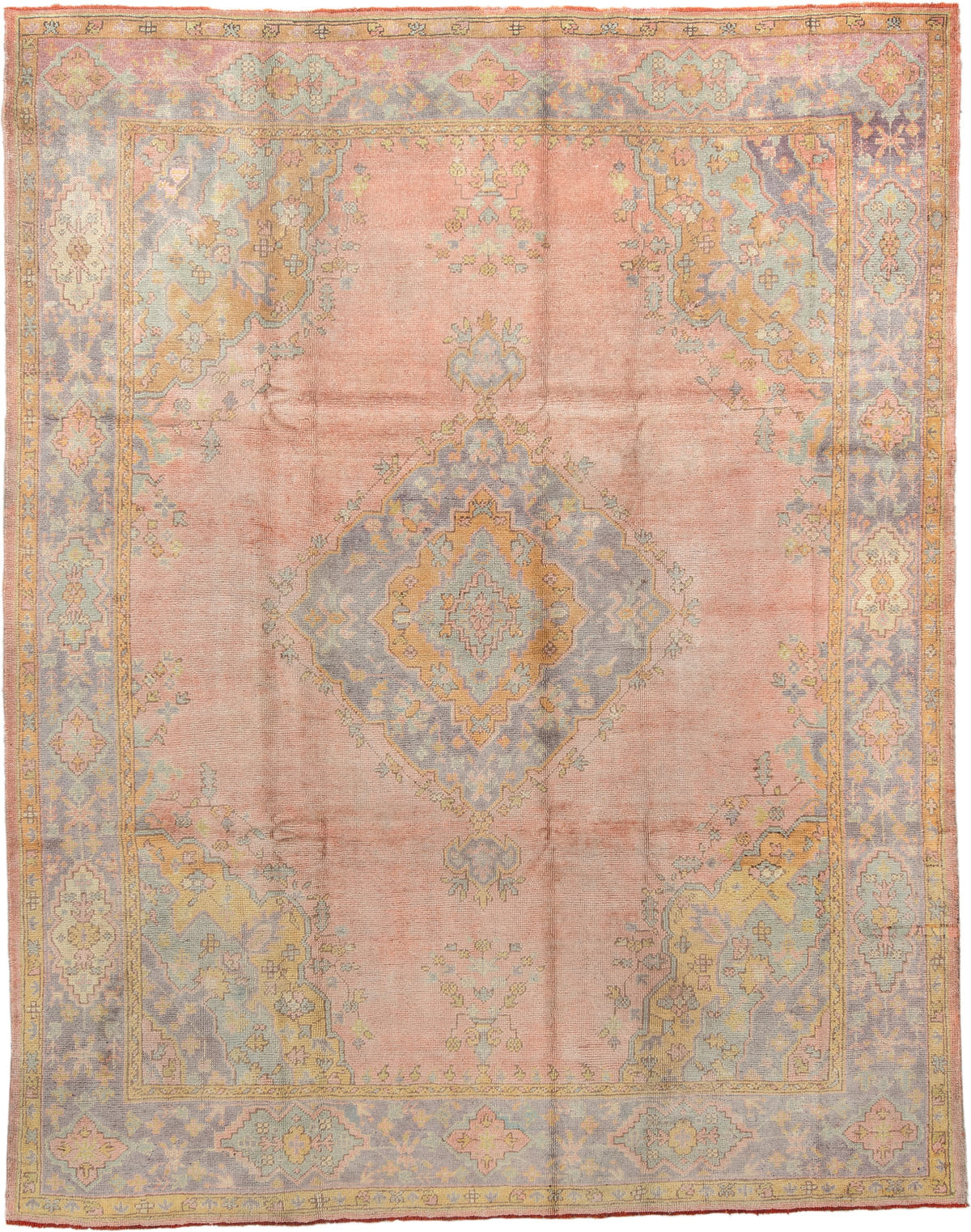 8' x 11' one-of-a-kind handmade antique Oushak large size rug. Color palette: blush, powder blue, gold, ivory, sage, peach