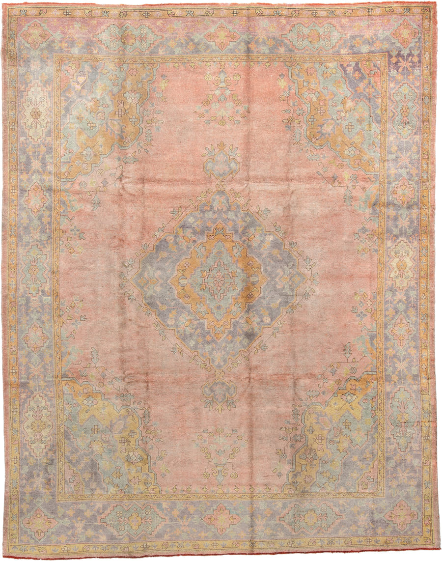 8' x 11' one-of-a-kind handmade antique Oushak large size rug. Color palette: blush, powder blue, gold, ivory, sage, peach
