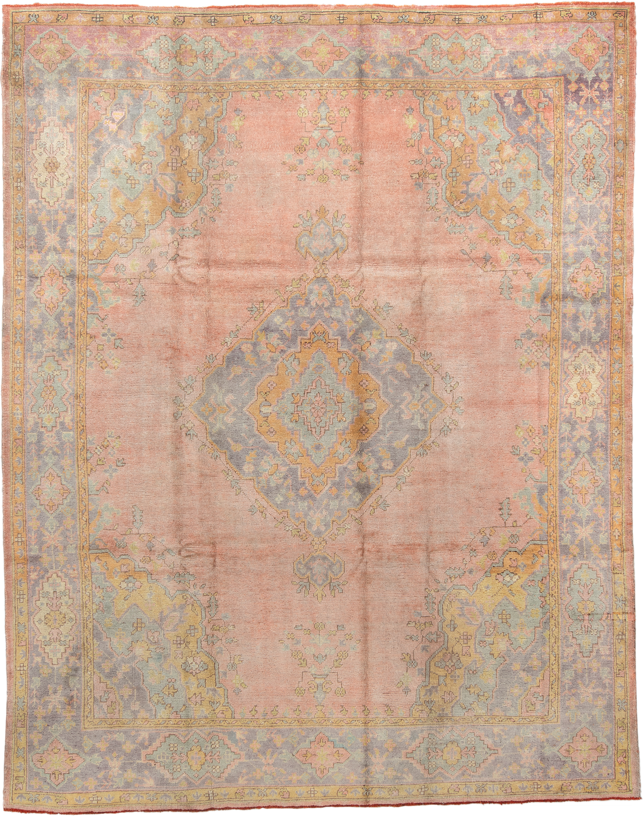 8' x 11' one-of-a-kind handmade antique Oushak large size rug. Color palette: blush, powder blue, gold, ivory, sage, peach