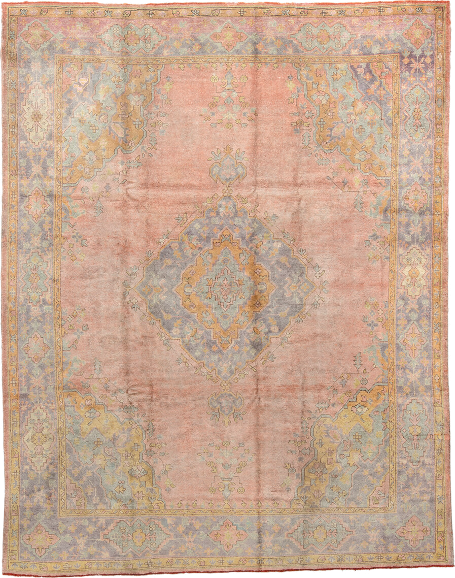 8' x 11' one-of-a-kind handmade vintage Oushak large size rug. Color palette: brown, gray, light gray, off-white, orange