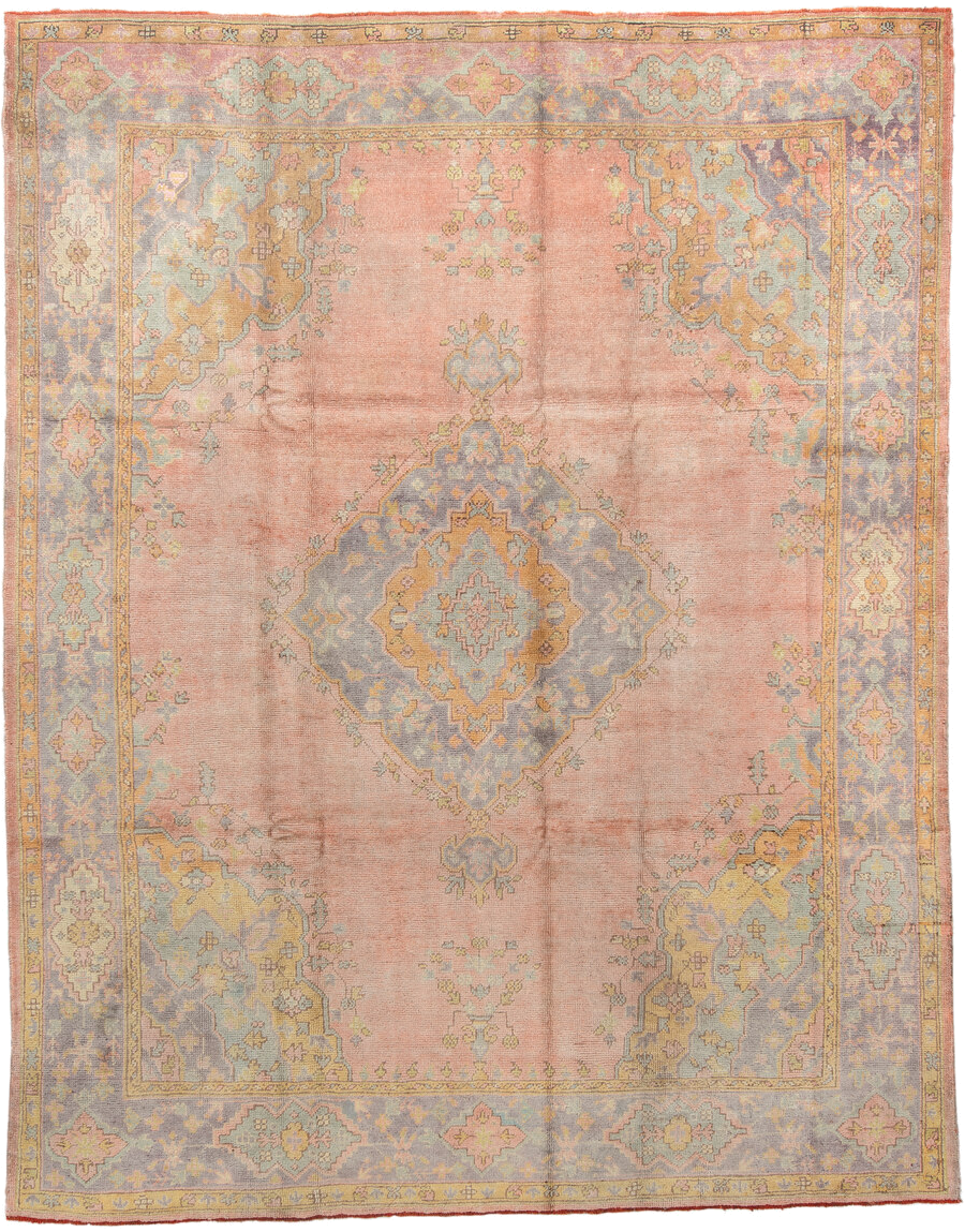 8' x 11' one-of-a-kind handmade antique Oushak large size rug. Color palette: blush, powder blue, gold, ivory, sage, peach
