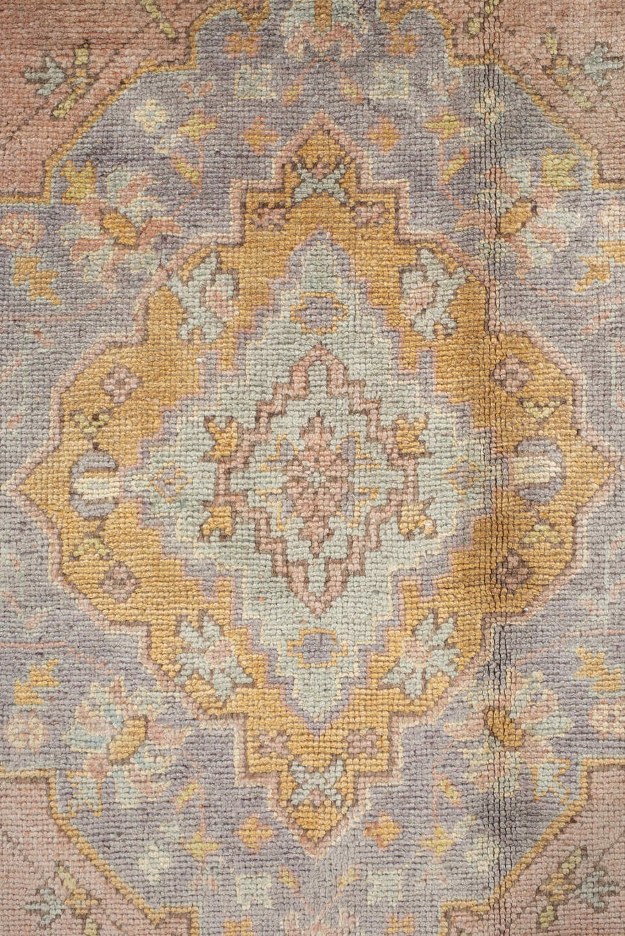 8' x 11' one-of-a-kind handmade antique Oushak large size rug. Color palette: blush, powder blue, gold, ivory, sage, peach