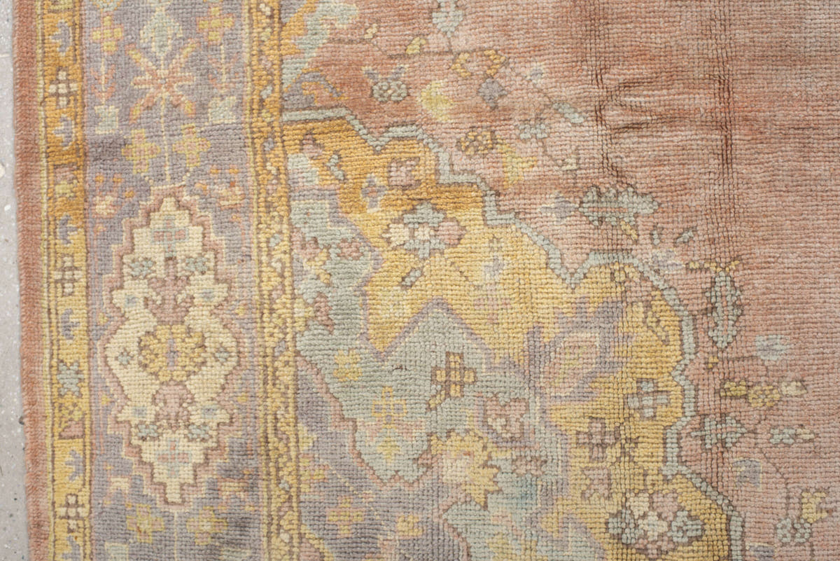 8' x 11' one-of-a-kind handmade antique Oushak large size rug. Color palette: blush, powder blue, gold, ivory, sage, peach