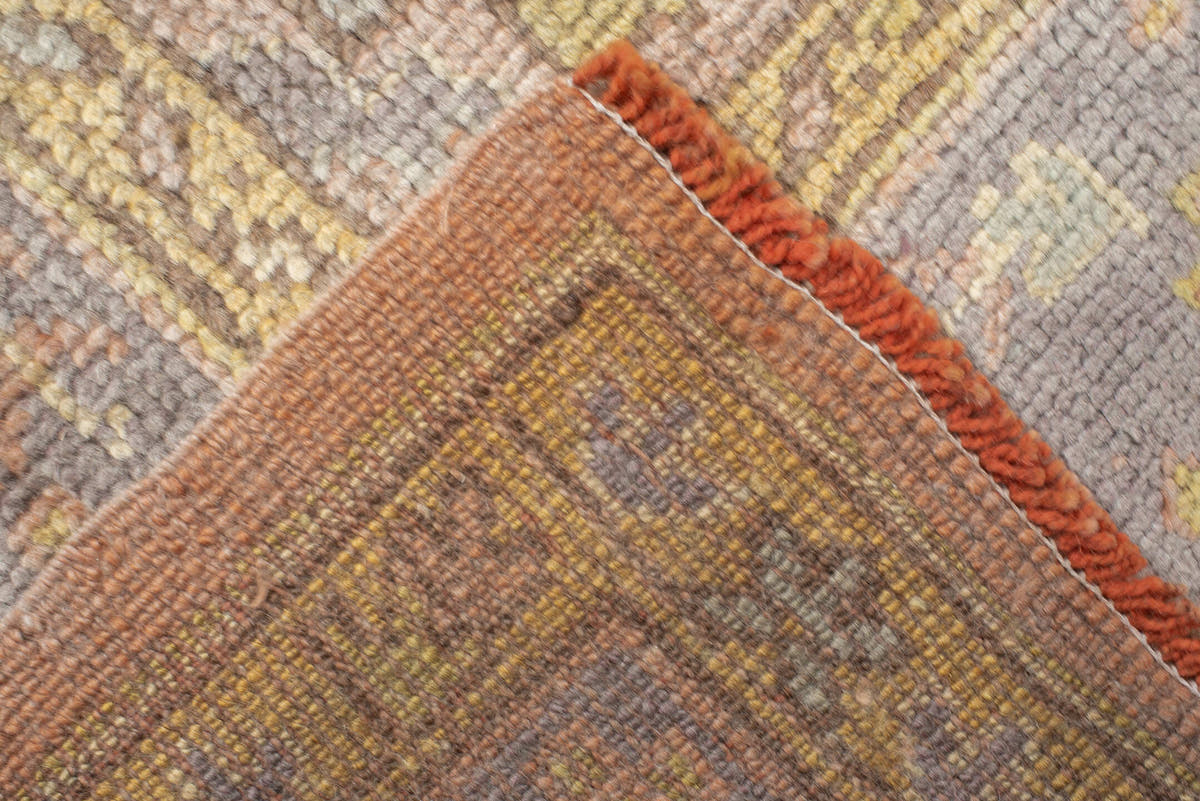 8' x 11' one-of-a-kind handmade antique Oushak large size rug. Color palette: blush, powder blue, gold, ivory, sage, peach