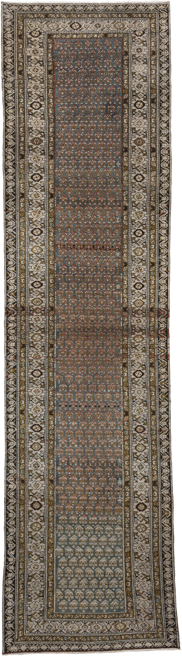 3' x 11' one-of-a-kind handmade vintage Malayer runner rug. Color palette: ivory, blue, brown, charcoal, camel, taupe, gray