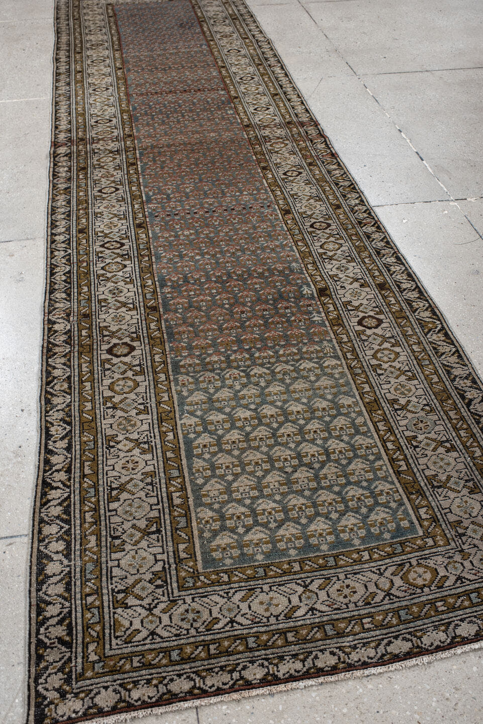 3' x 11' one-of-a-kind handmade vintage Malayer runner rug. Color palette: ivory, blue, brown, charcoal, camel, taupe, gray