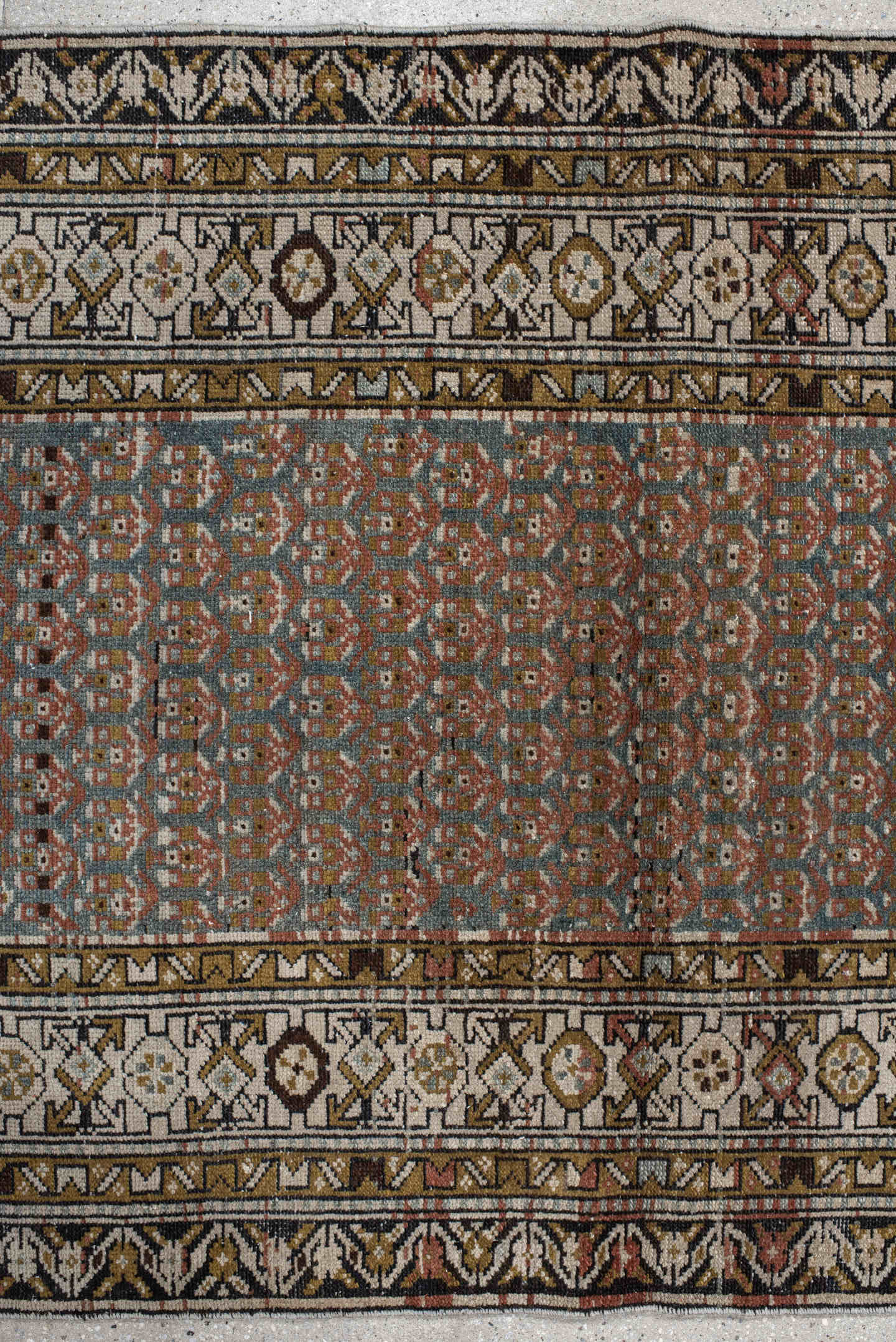 3' x 11' one-of-a-kind handmade vintage Malayer runner rug. Color palette: ivory, blue, brown, charcoal, camel, taupe, gray