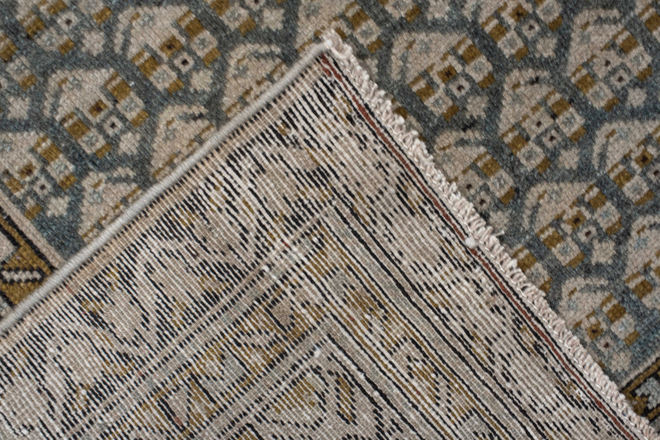 3' x 11' one-of-a-kind handmade vintage Malayer runner rug. Color palette: ivory, blue, brown, charcoal, camel, taupe, gray