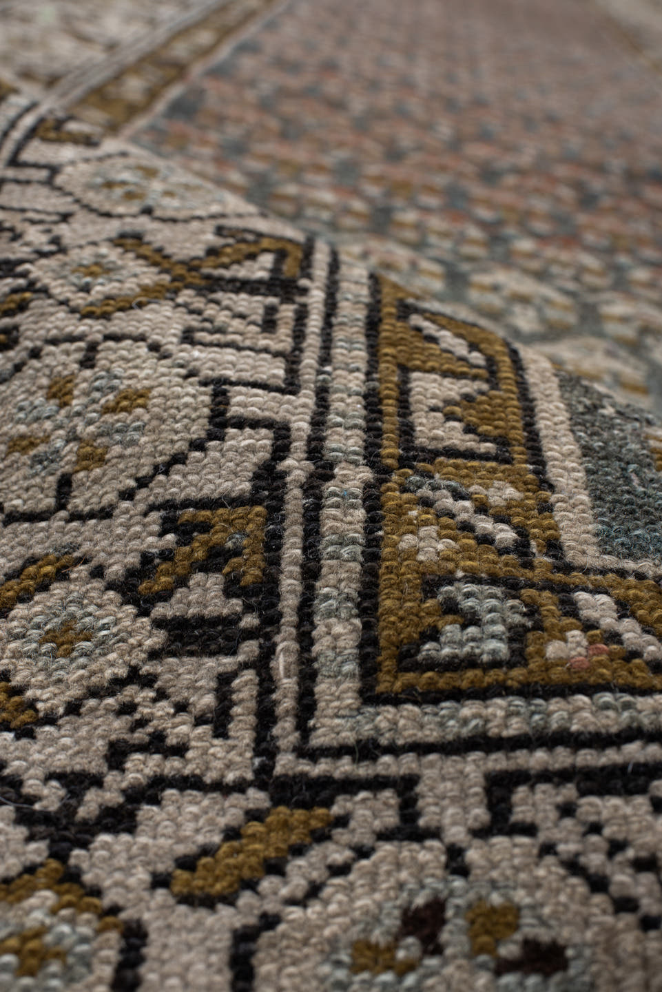 3' x 11' one-of-a-kind handmade vintage Malayer runner rug. Color palette: ivory, blue, brown, charcoal, camel, taupe, gray