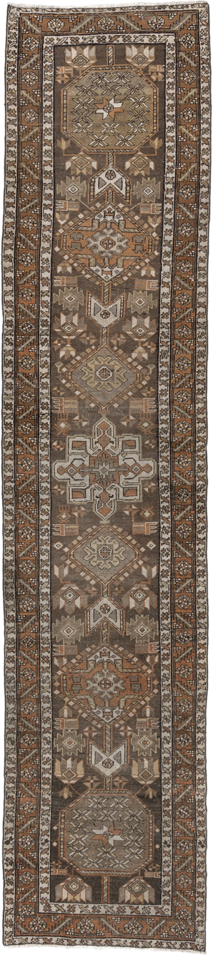 2' x 12' one-of-a-kind handmade vintage Karaje runner rug. Color palette: brown, taupe, rust, ivory, camel, charcoal, beige