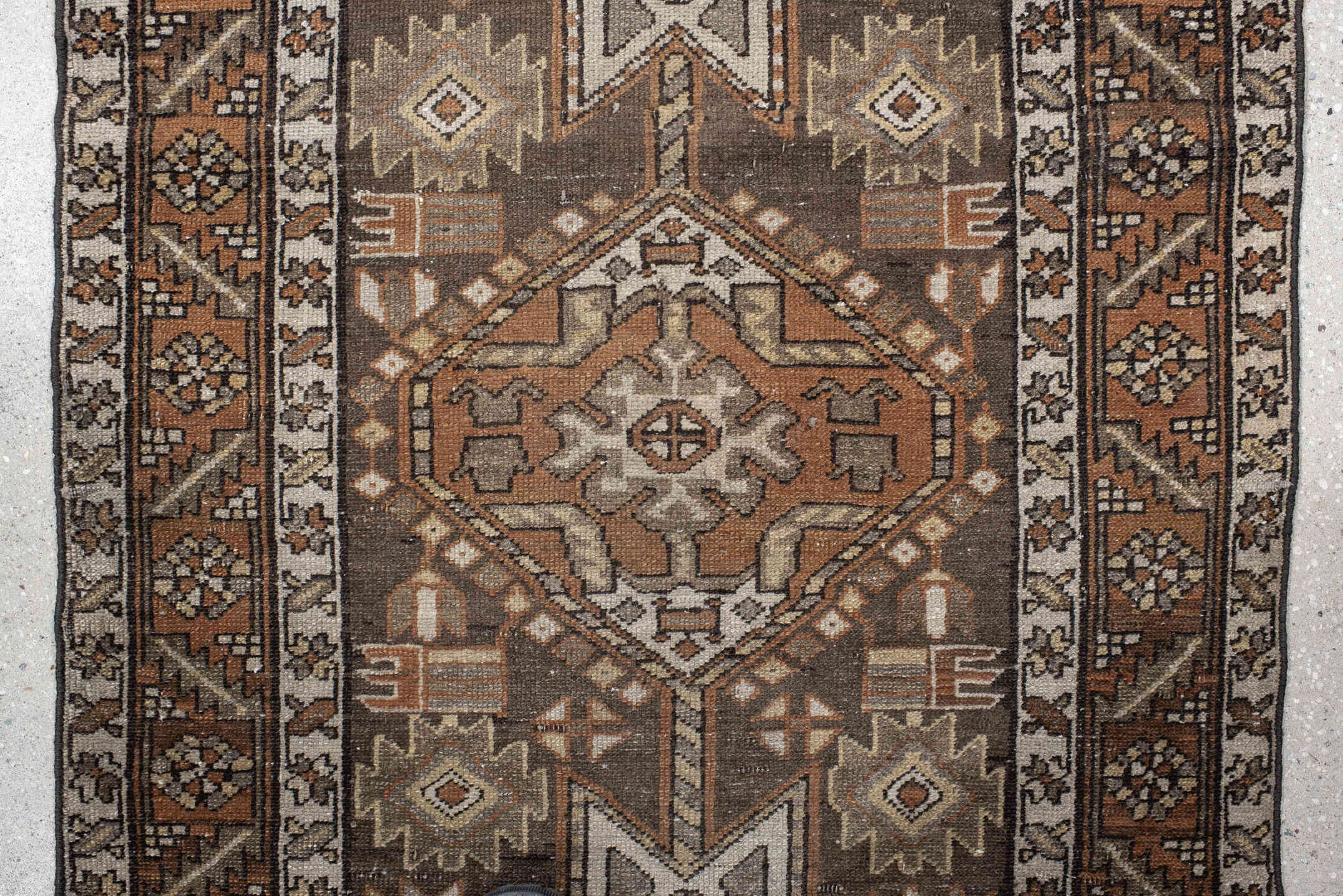 2' x 12' one-of-a-kind handmade vintage Karaje runner rug. Color palette: brown, taupe, rust, ivory, camel, charcoal, beige