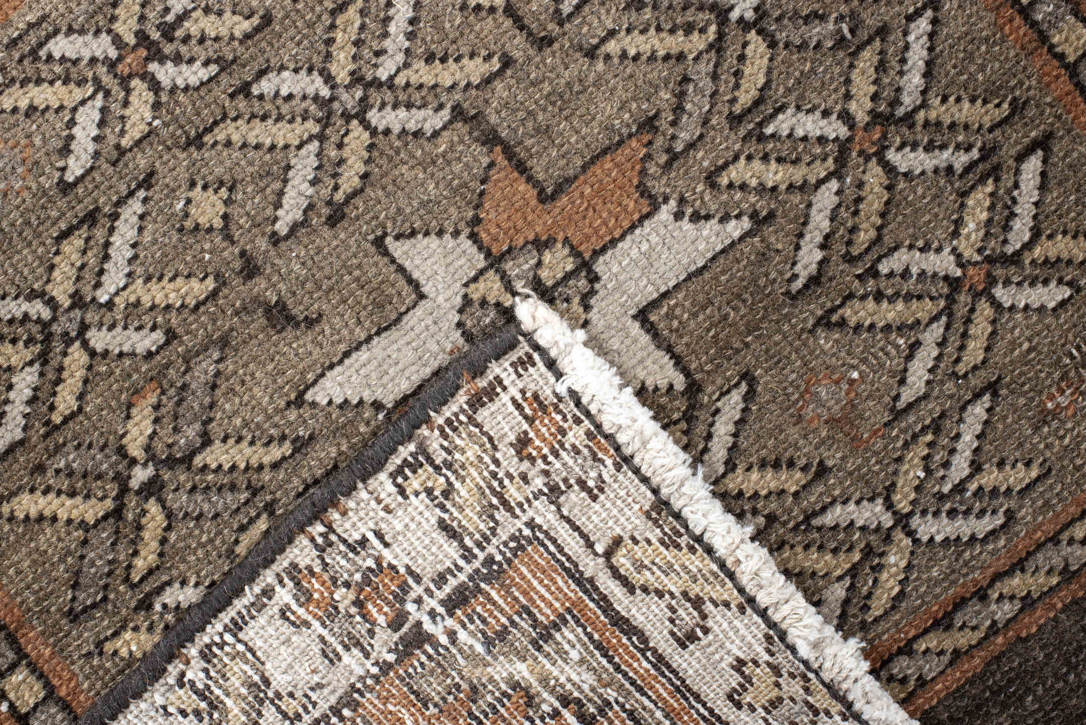 2' x 12' one-of-a-kind handmade vintage Karaje runner rug. Color palette: brown, taupe, rust, ivory, camel, charcoal, beige