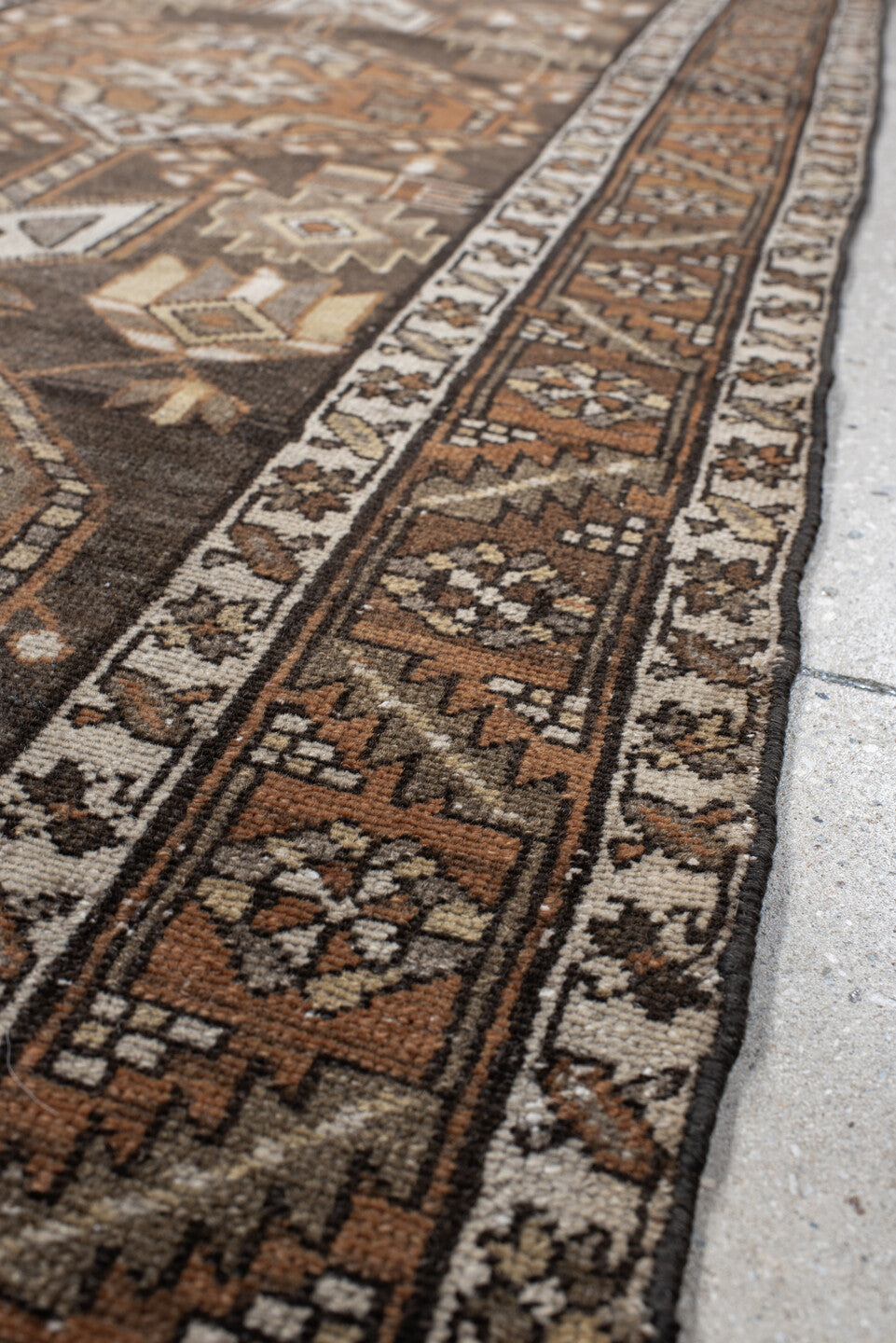 2' x 12' one-of-a-kind handmade vintage Karaje runner rug. Color palette: brown, taupe, rust, ivory, camel, charcoal, beige