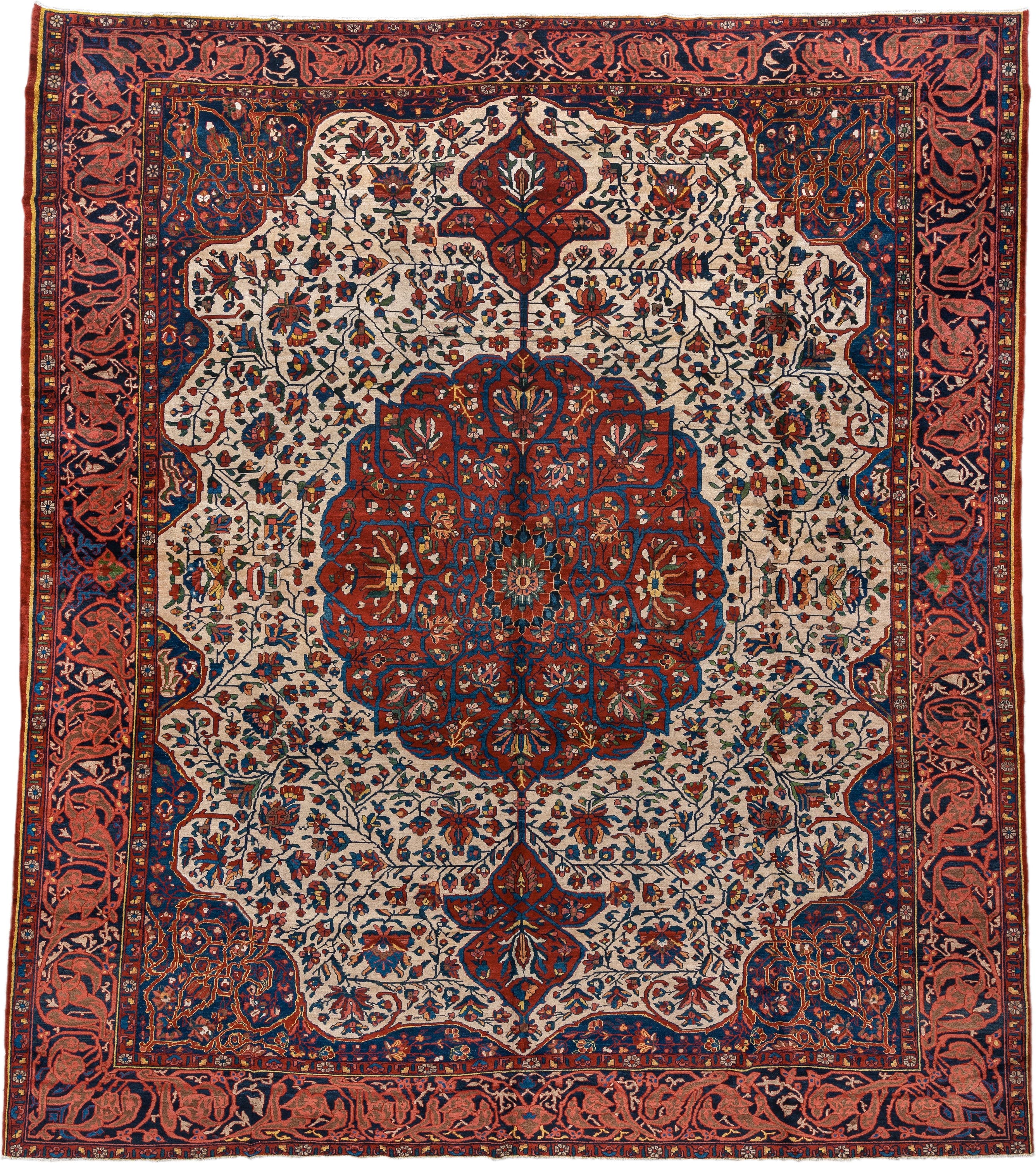 14' x 16' one-of-a-kind handmade vintage Baktiary oversize rug. Color palette: ivory, rust, navy, terracotta, indigo, rose