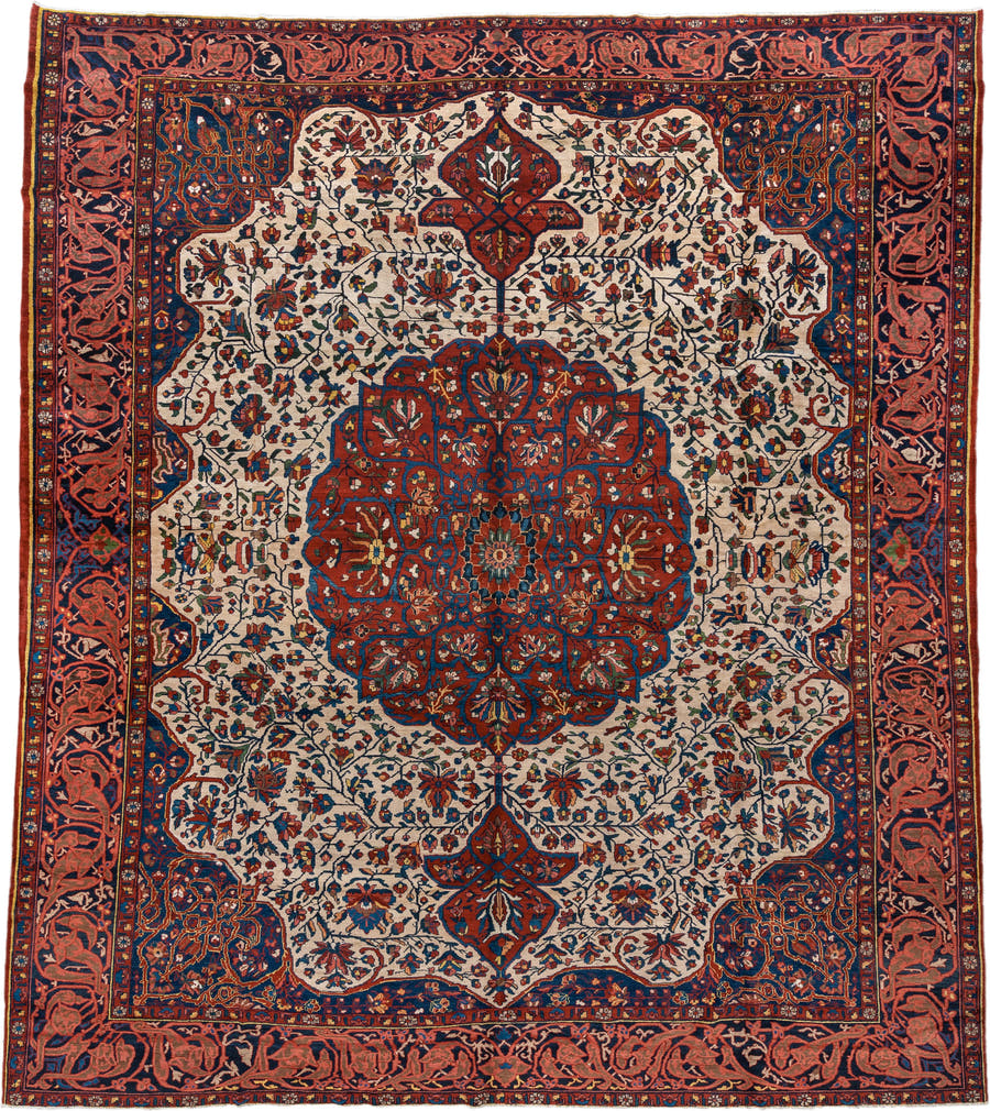 14' x 16' one-of-a-kind handmade vintage Baktiary oversize rug. Color palette: ivory, rust, navy, terracotta, indigo, rose
