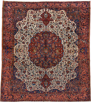 14' x 16' one-of-a-kind handmade vintage Baktiary oversize rug. Color palette: ivory, rust, navy, terracotta, indigo, rose