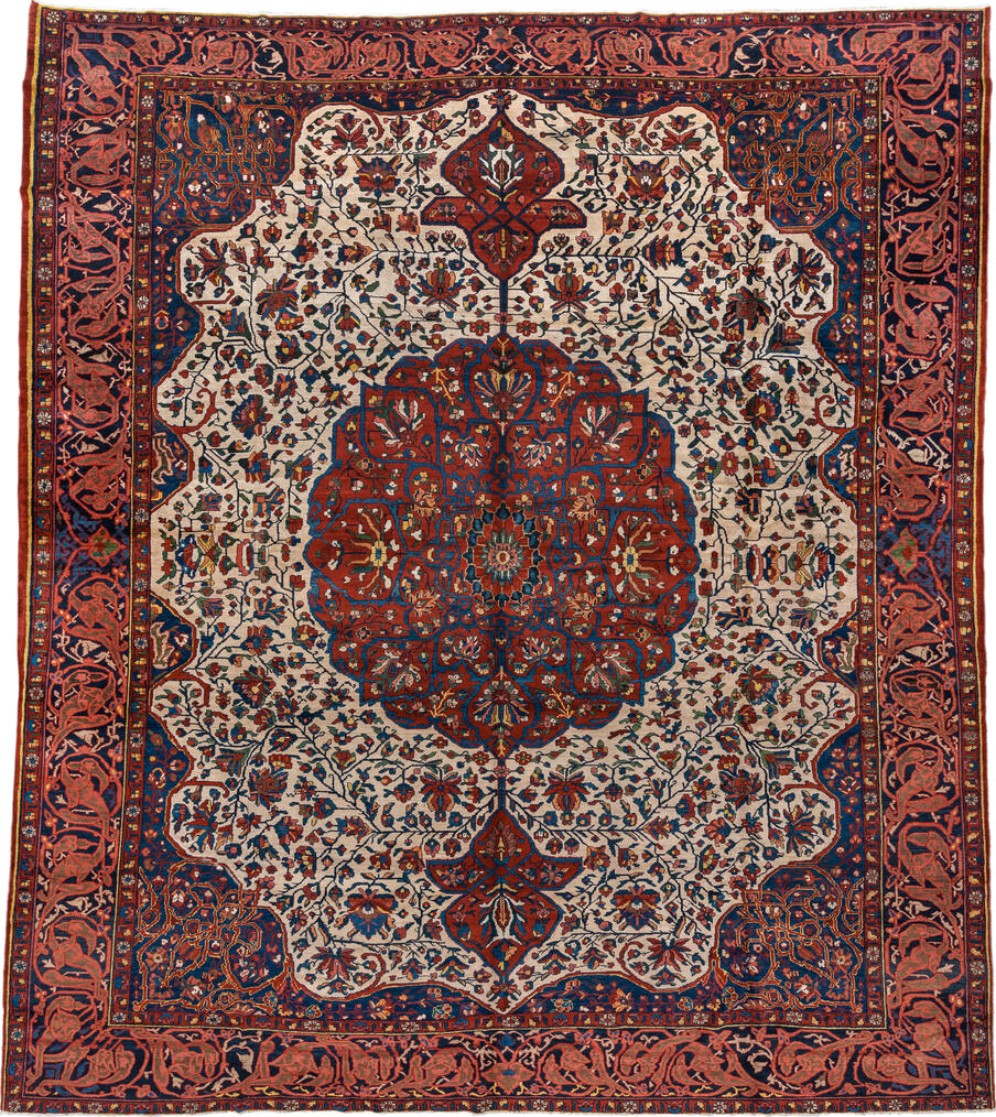 14' x 16' one-of-a-kind handmade vintage Baktiary oversize rug. Color palette: blue, brown, gray, light gray, off-white