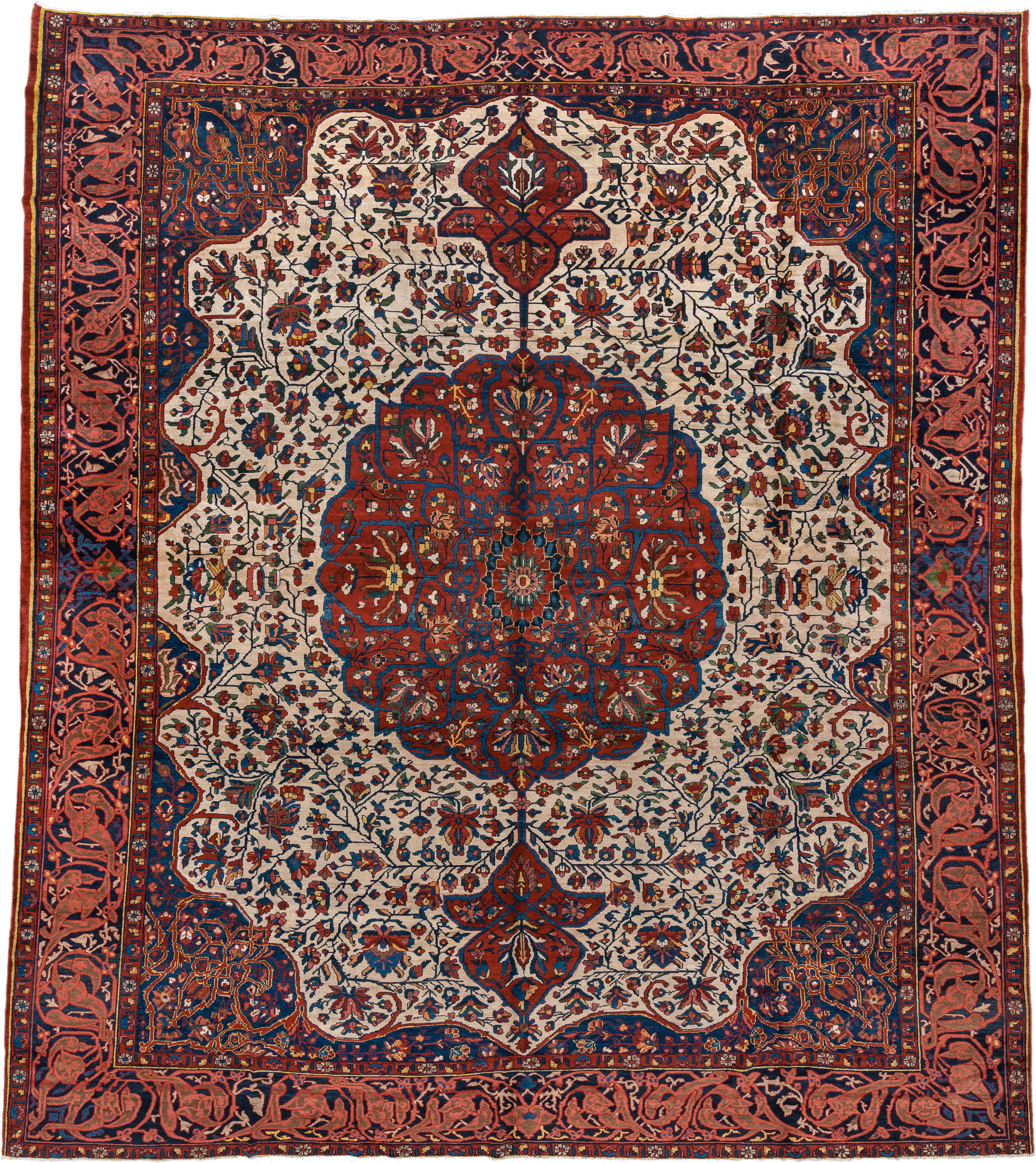 14' x 16' one-of-a-kind handmade vintage Baktiary oversize rug. Color palette: ivory, rust, navy, terracotta, indigo, rose