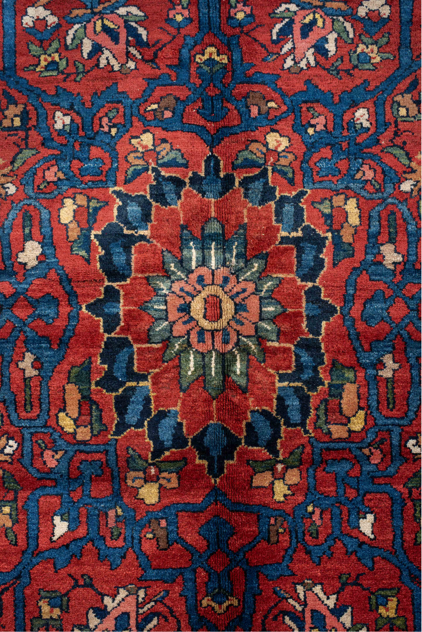 14' x 16' one-of-a-kind handmade vintage Baktiary oversize rug. Color palette: blue, brown, gray, light gray, off-white