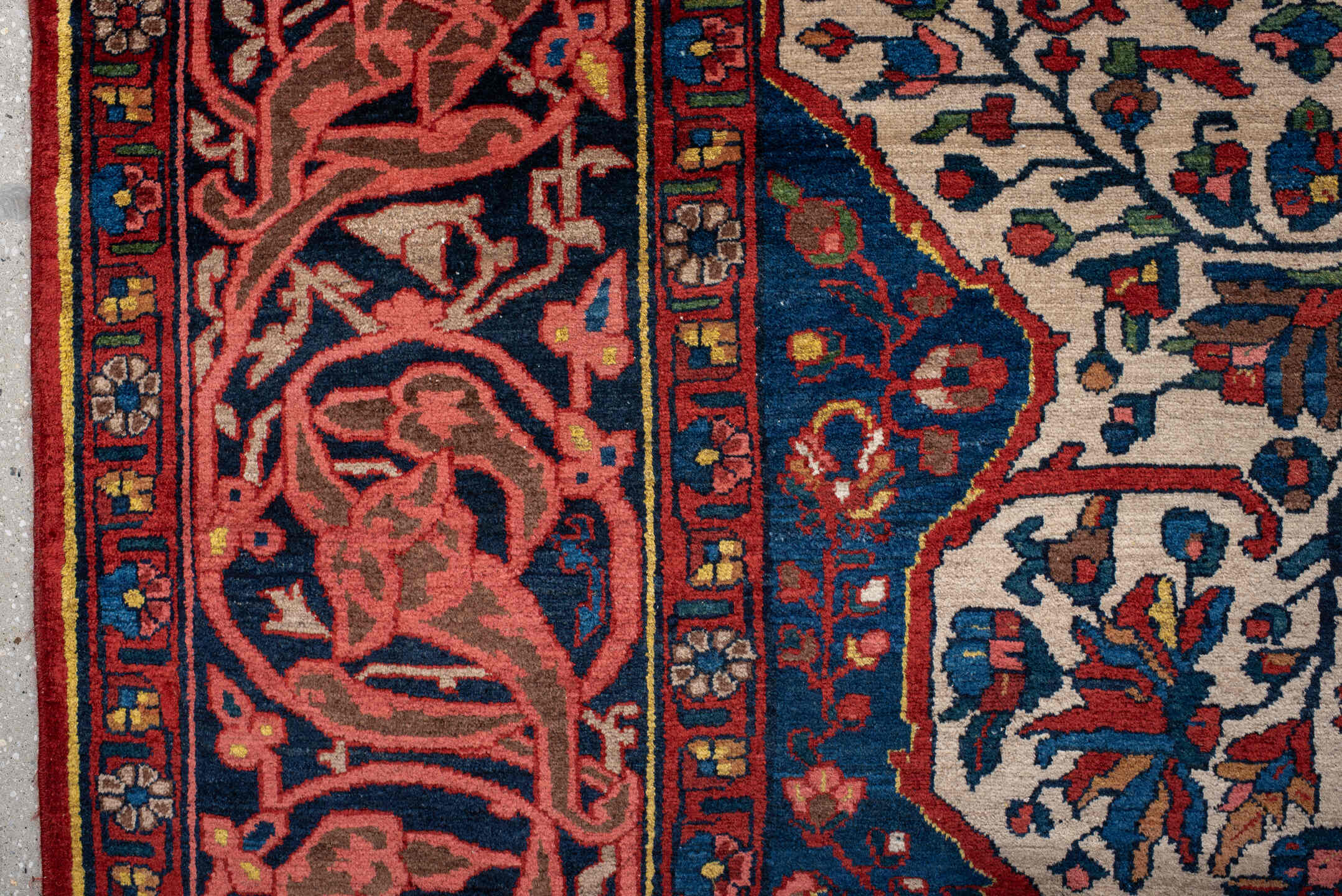 14' x 16' one-of-a-kind handmade vintage Baktiary oversize rug. Color palette: ivory, rust, navy, terracotta, indigo, rose