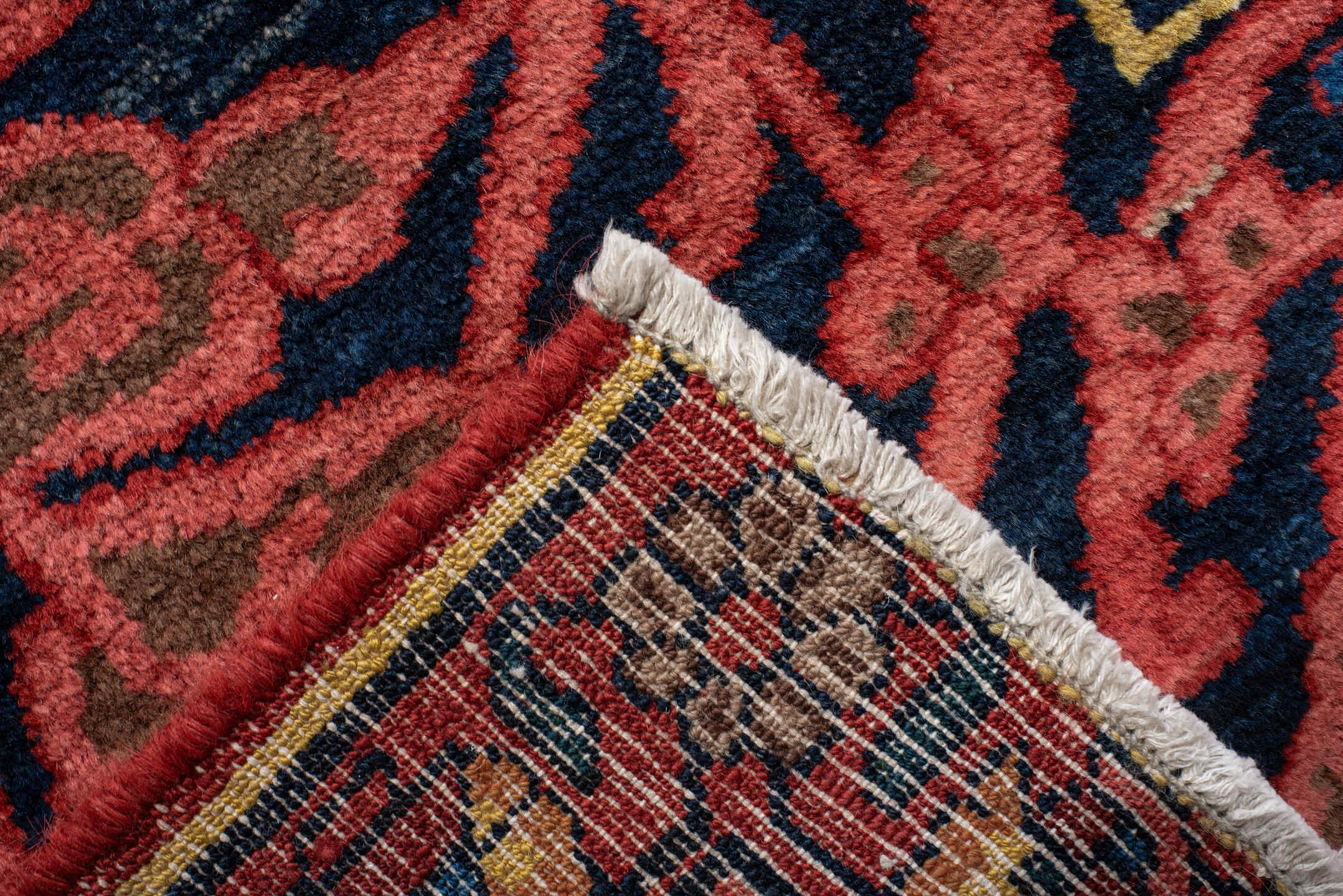 14' x 16' one-of-a-kind handmade vintage Baktiary oversize rug. Color palette: ivory, rust, navy, terracotta, indigo, rose