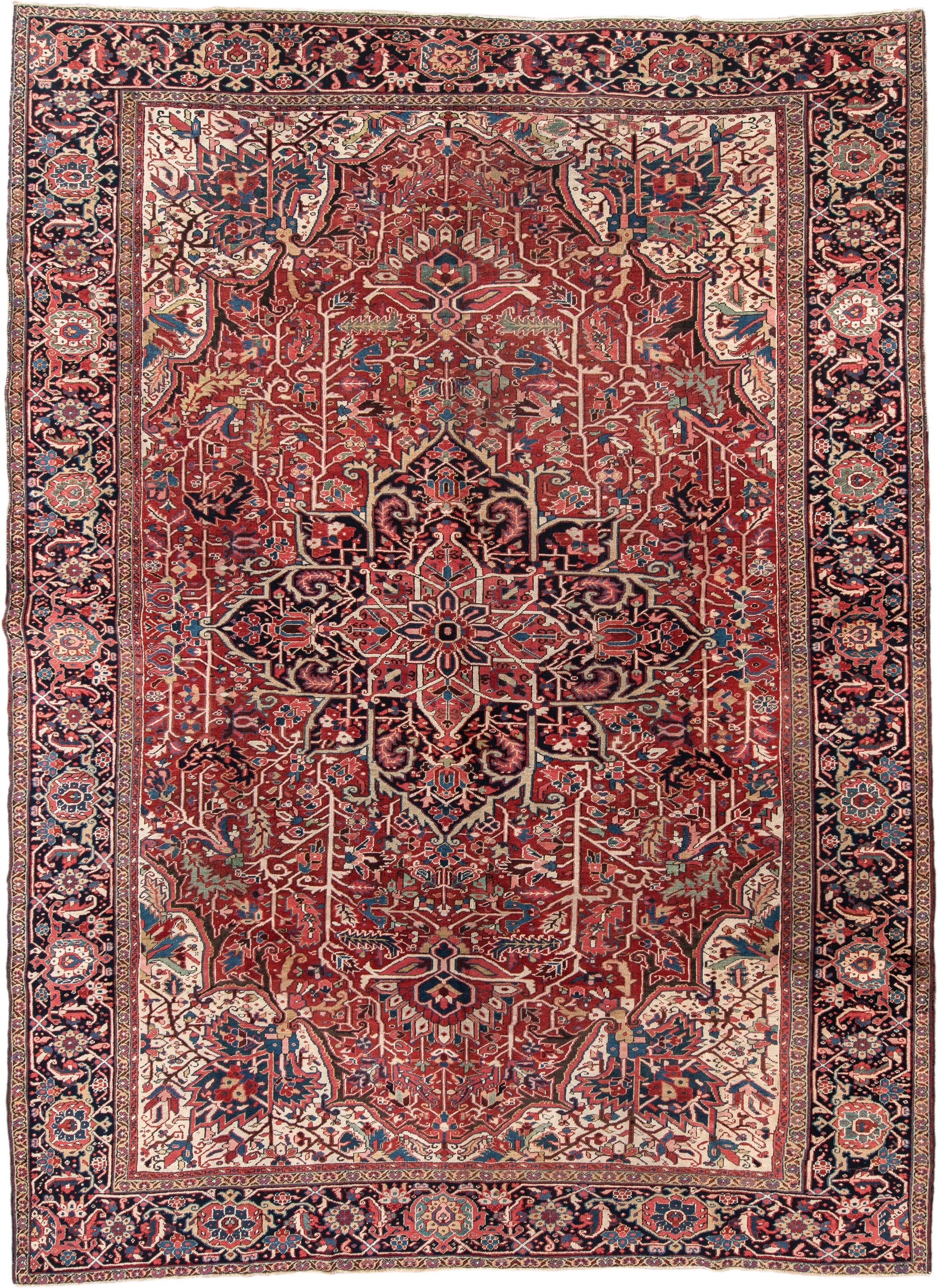 11' x 15' one-of-a-kind handmade vintage Heriz oversize rug. Color palette: rust, ivory, navy, sky_blue, rose, teal