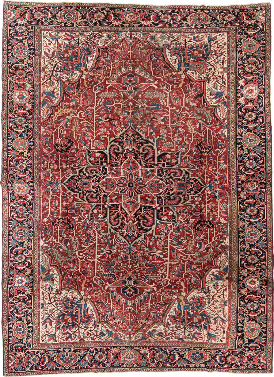 11' x 15' one-of-a-kind handmade vintage Heriz oversize rug. Color palette: antiquewhite, black, blanched almond, blue