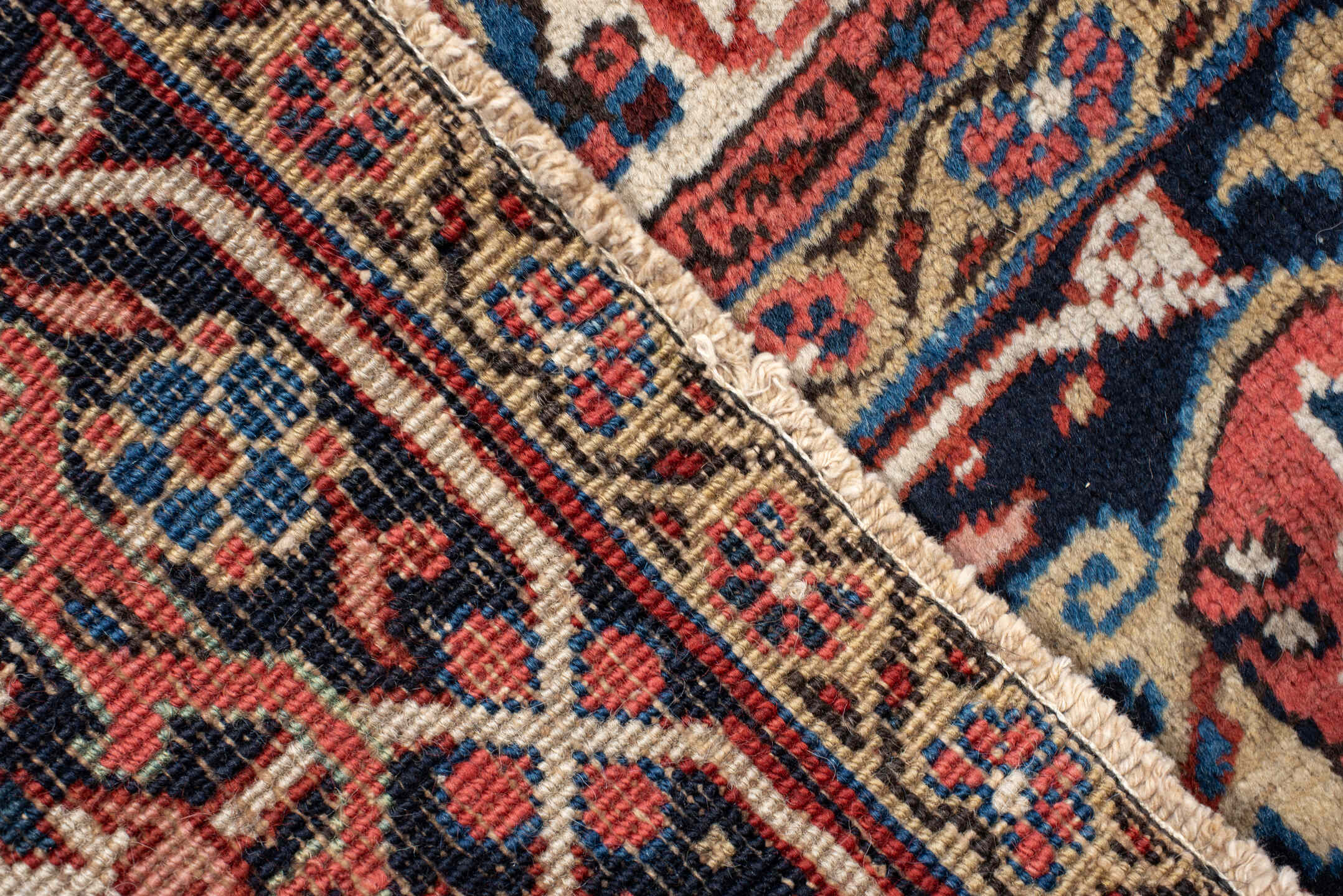 11' x 15' one-of-a-kind handmade vintage Heriz oversize rug. Color palette: rust, ivory, navy, sky_blue, rose, teal