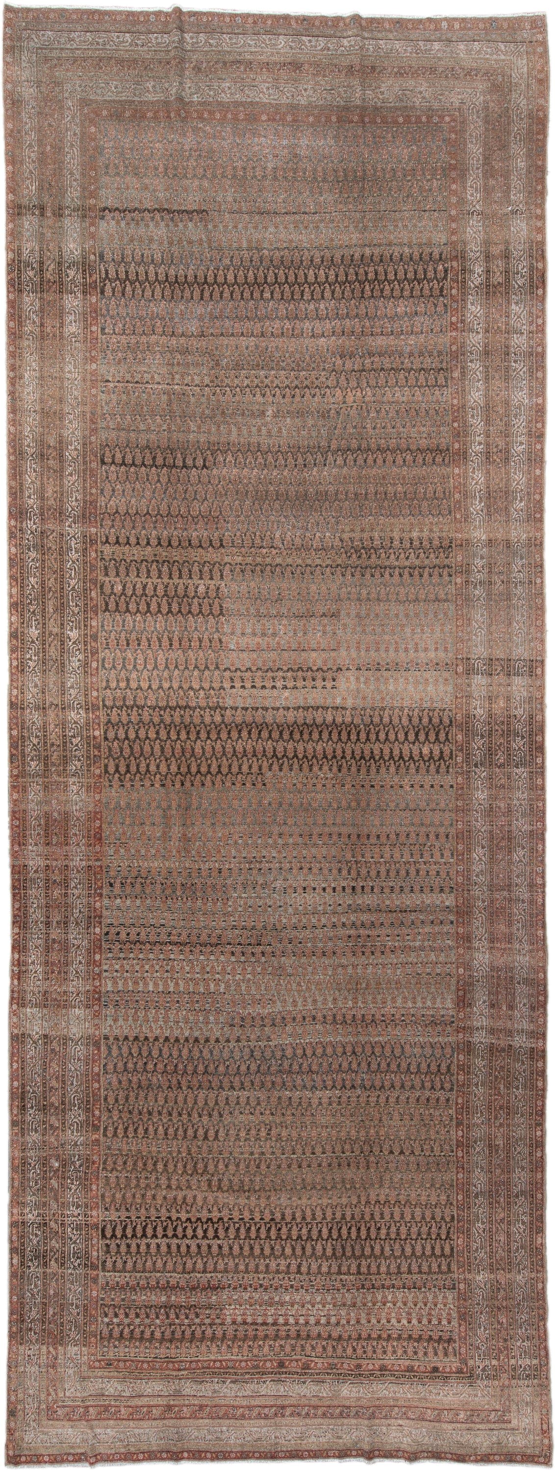 7' x 19' one-of-a-kind handmade antique Saraband rug. Color palette: taupe, rose, brown, ivory, rust, charcoal, beige, gray
