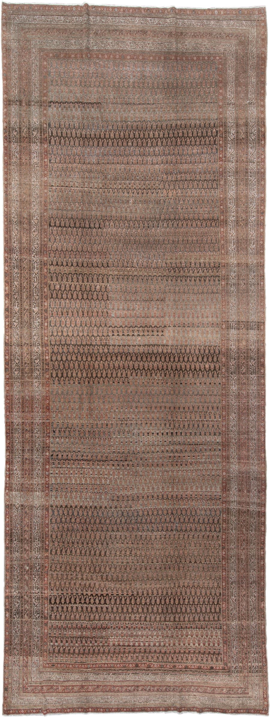 7' x 19' one-of-a-kind handmade antique Saraband rug. Color palette: taupe, rose, brown, ivory, rust, charcoal, beige, gray