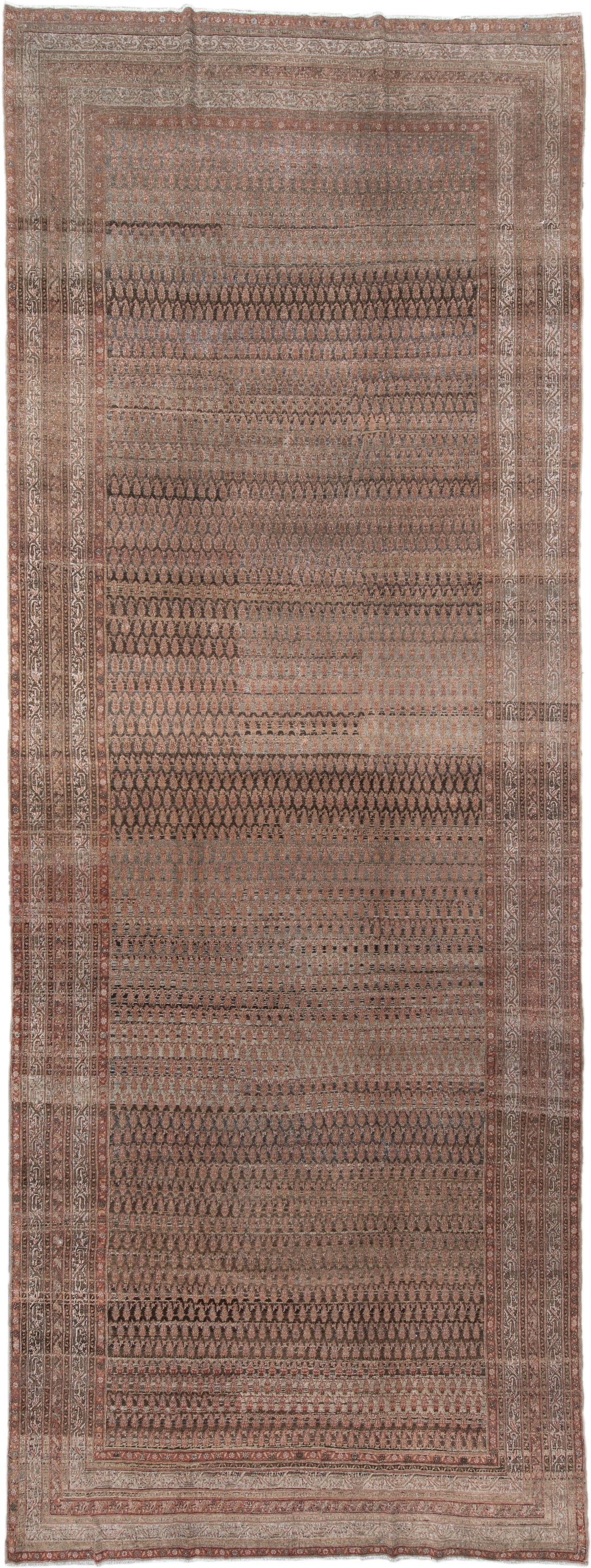 7' x 19' one-of-a-kind handmade antique Saraband rug. Color palette: taupe, rose, brown, ivory, rust, charcoal, beige, gray