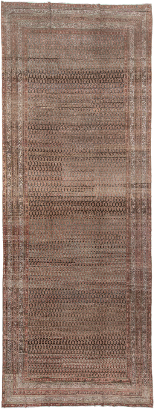 7' x 19' one-of-a-kind handmade antique Saraband rug. Color palette: taupe, rose, brown, ivory, rust, charcoal, beige, gray
