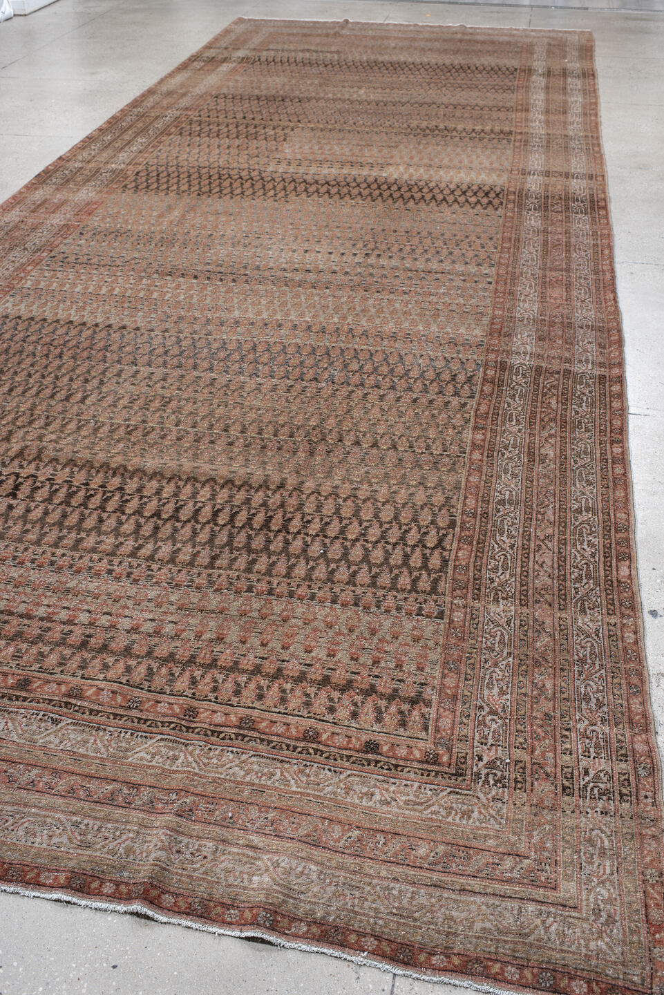7' x 19' one-of-a-kind handmade antique Saraband rug. Color palette: taupe, rose, brown, ivory, rust, charcoal, beige, gray