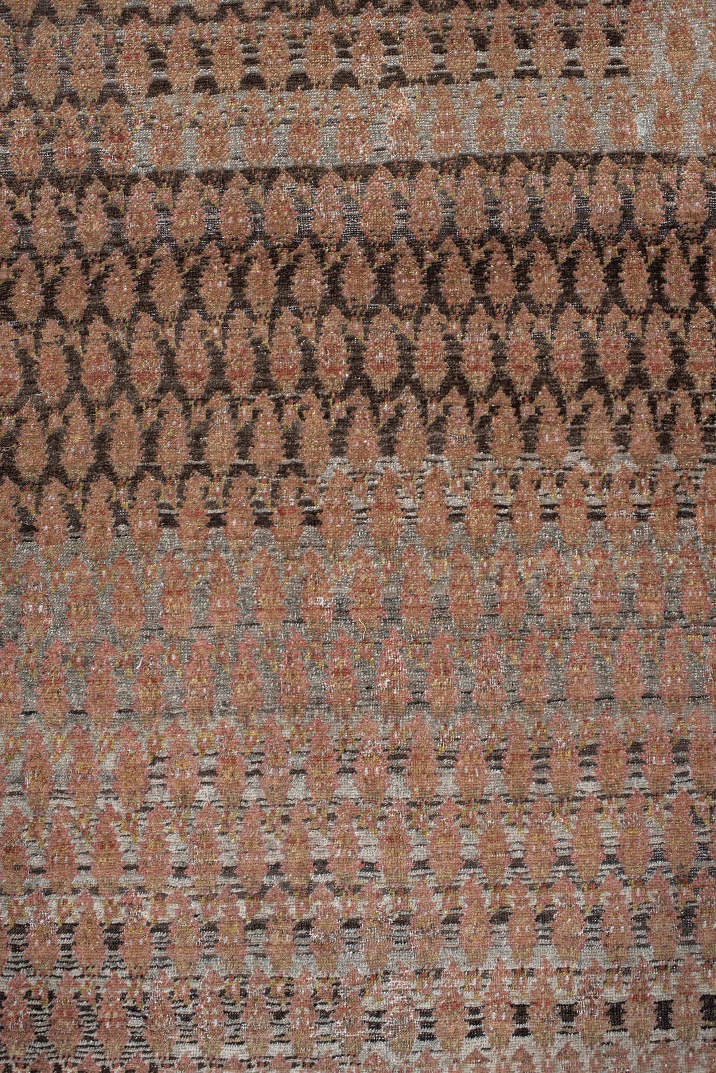 7' x 19' one-of-a-kind handmade antique Saraband rug. Color palette: taupe, rose, brown, ivory, rust, charcoal, beige, gray