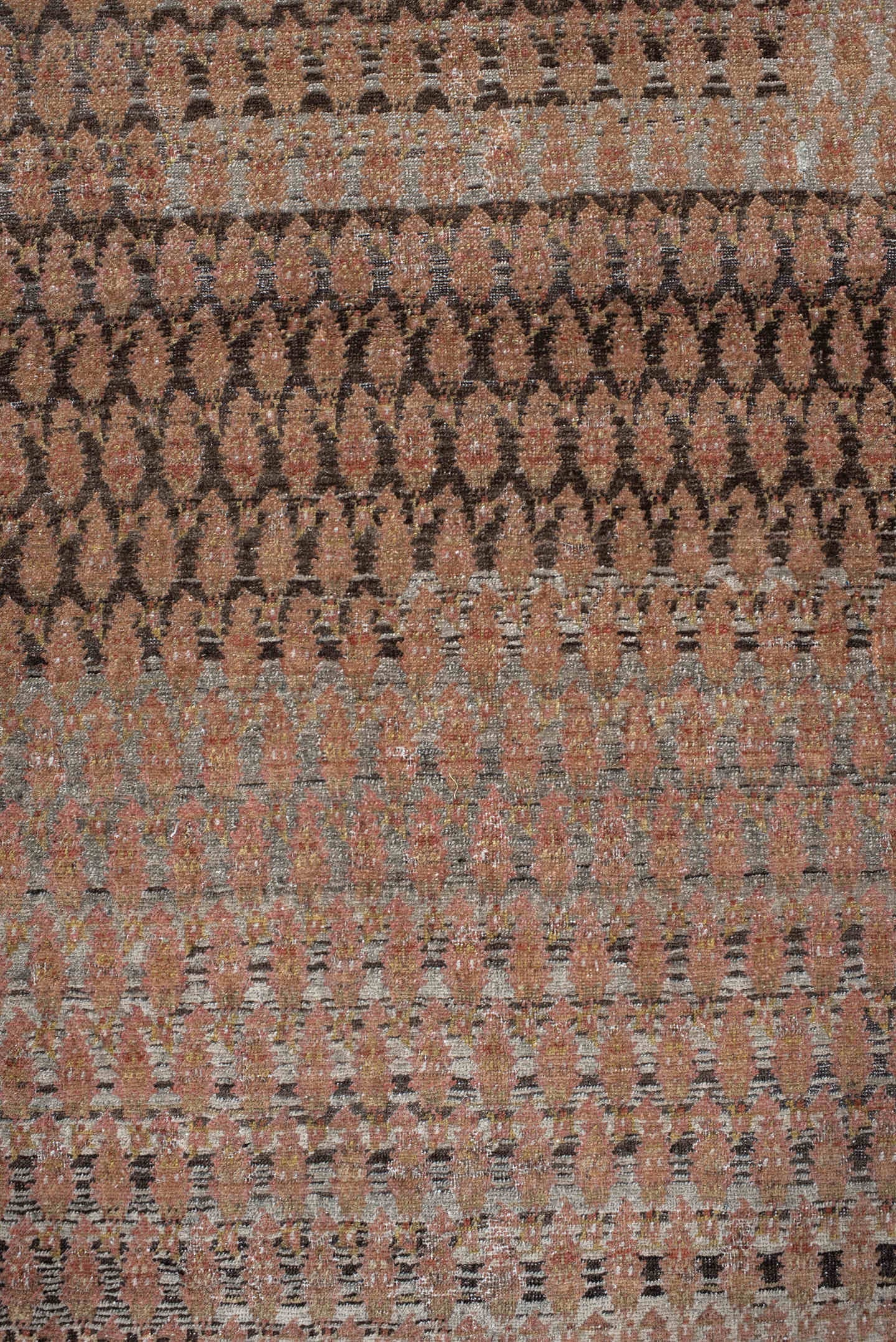 7' x 19' one-of-a-kind handmade antique Saraband rug. Color palette: taupe, rose, brown, ivory, rust, charcoal, beige, gray