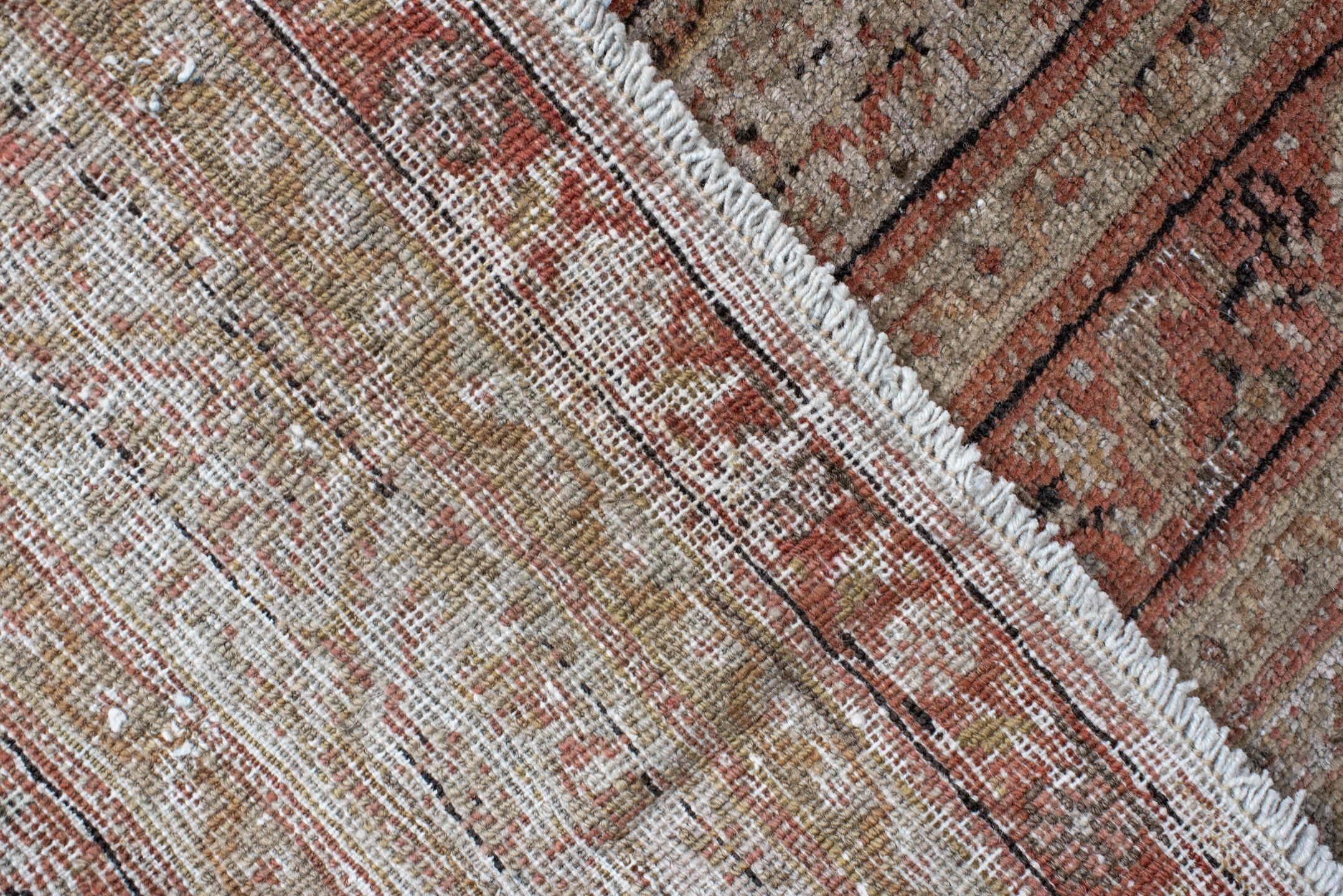 7' x 19' one-of-a-kind handmade antique Saraband rug. Color palette: taupe, rose, brown, ivory, rust, charcoal, beige, gray