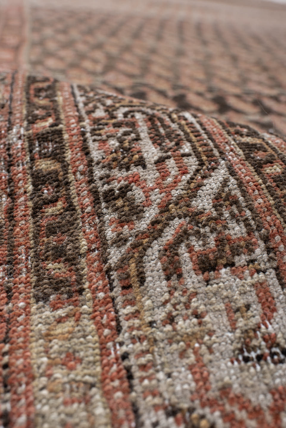 7' x 19' one-of-a-kind handmade antique Saraband rug. Color palette: taupe, rose, brown, ivory, rust, charcoal, beige, gray