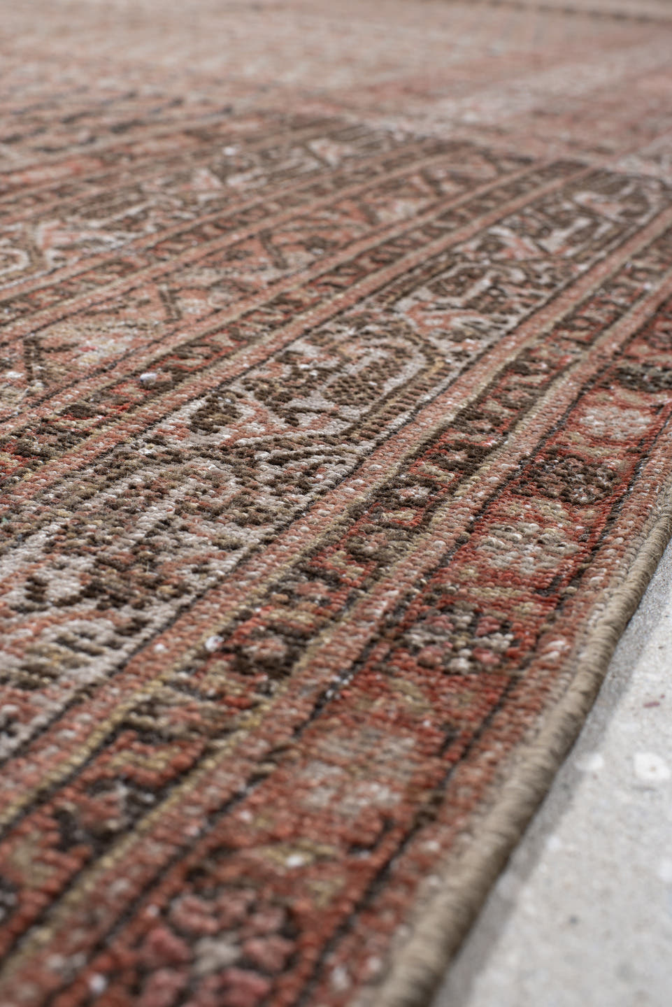 7' x 19' one-of-a-kind handmade antique Saraband rug. Color palette: taupe, rose, brown, ivory, rust, charcoal, beige, gray