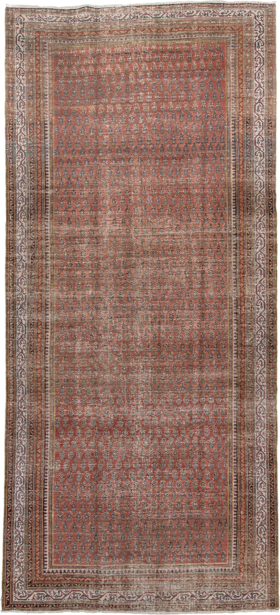 5' x 12' one-of-a-kind handmade antique Malayer rug. Color palette: rust, ivory, slate, taupe, terra cotta, charcoal, brown