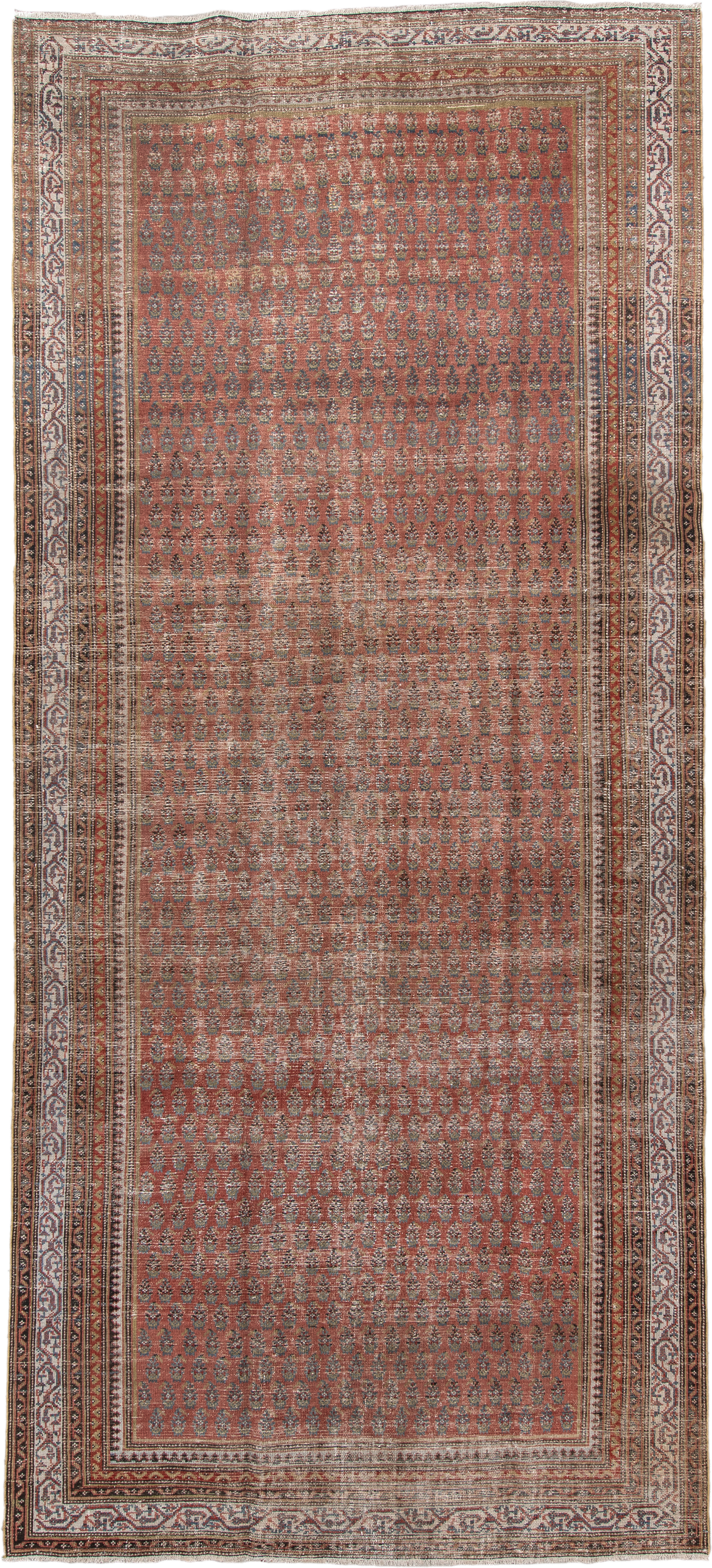 5' x 12' one-of-a-kind handmade antique Malayer rug. Color palette: rust, ivory, slate, taupe, terra cotta, charcoal, brown