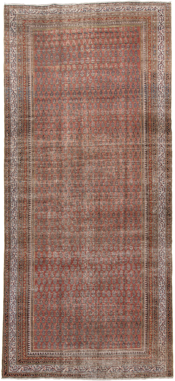 5' x 12' one-of-a-kind handmade antique Malayer rug. Color palette: rust, ivory, slate, taupe, terra cotta, charcoal, brown