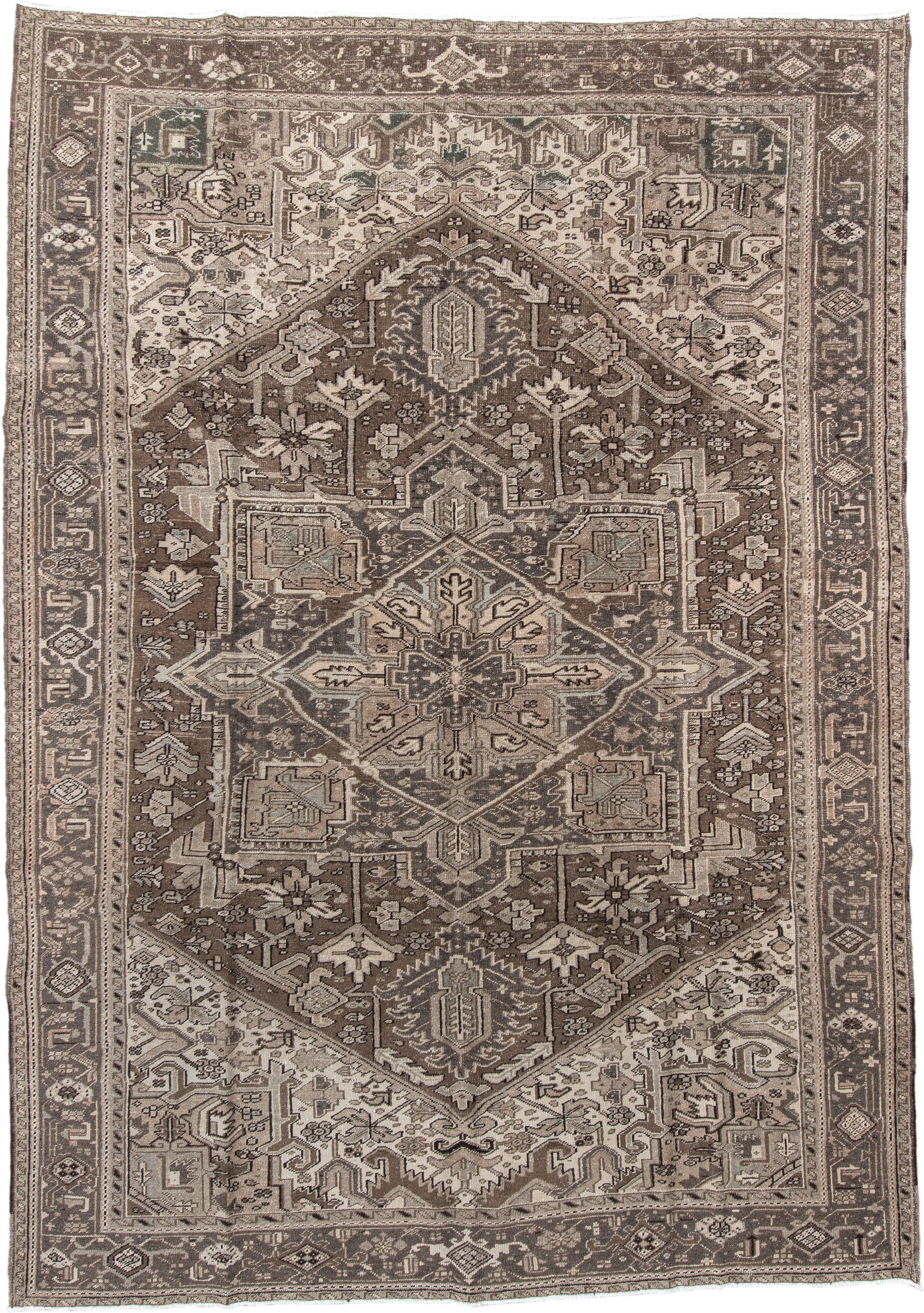 8' x 12' one-of-a-kind handmade antique Heriz large size rug. Color palette: taupe, brown, ivory, camel, charcoal, sage