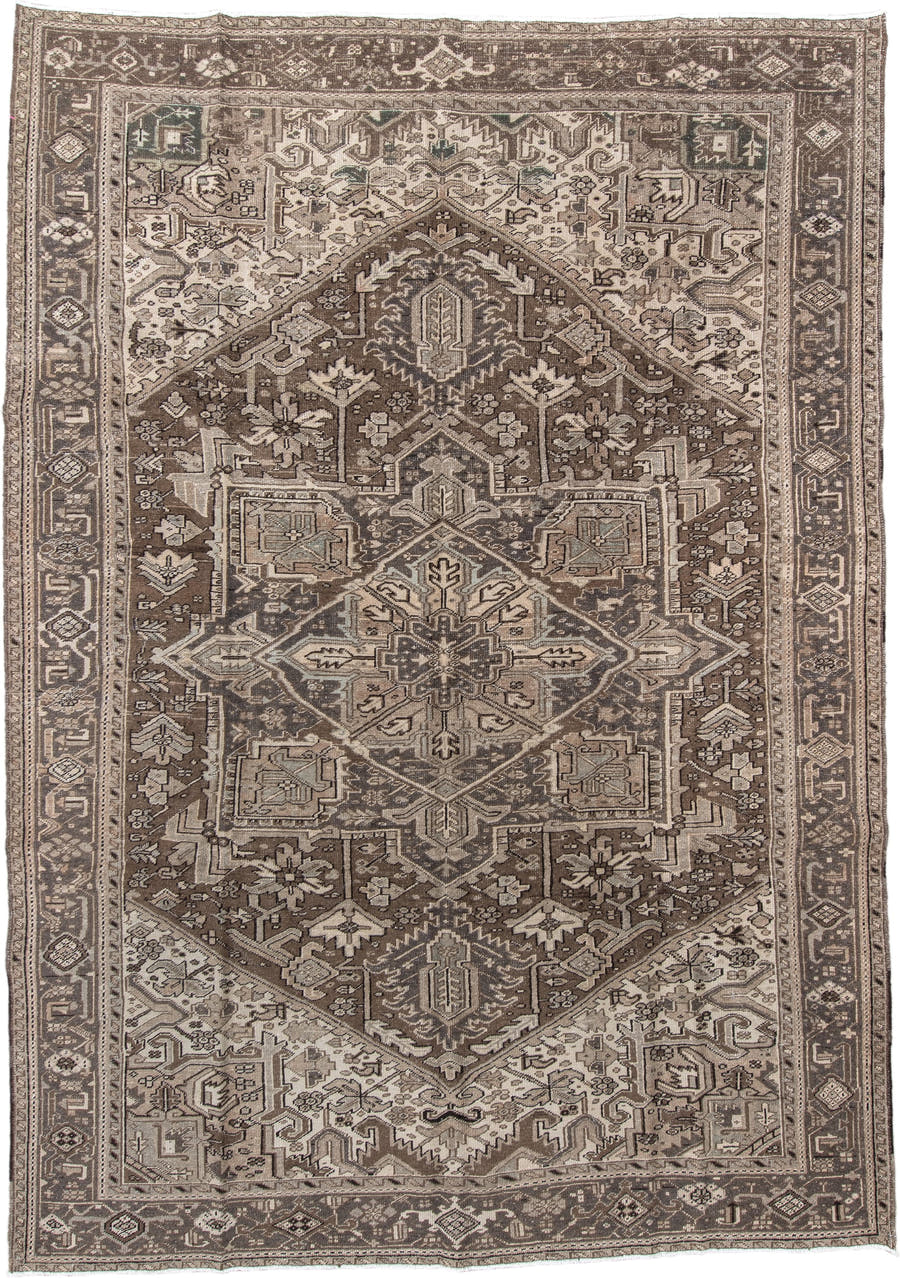 8' x 12' one-of-a-kind handmade antique Heriz large size rug. Color palette: taupe, brown, ivory, camel, charcoal, sage