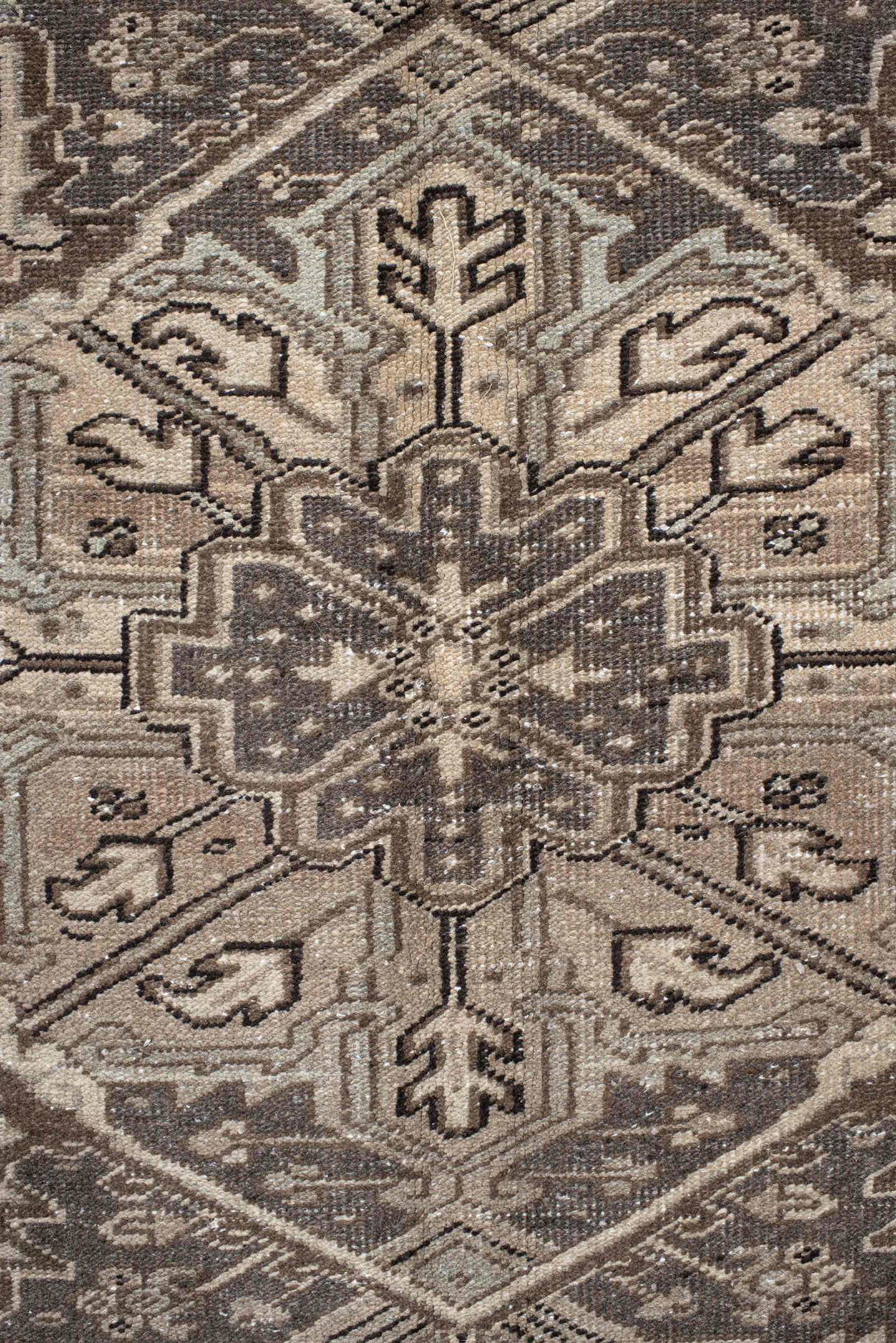 8' x 12' one-of-a-kind handmade antique Heriz large size rug. Color palette: taupe, brown, ivory, camel, charcoal, sage