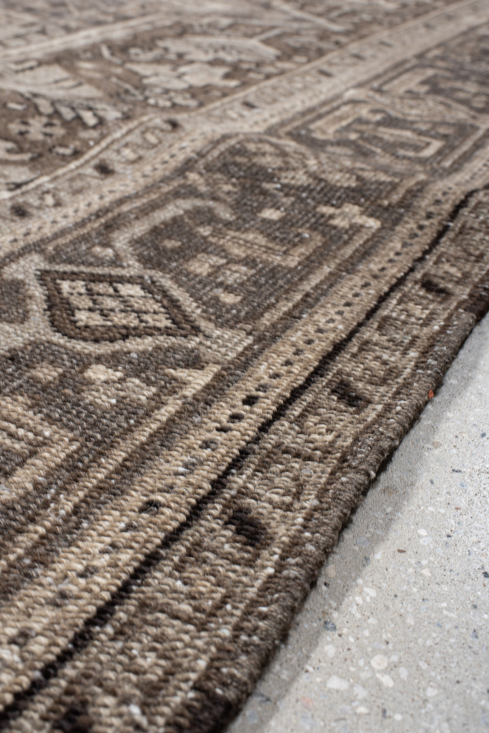 8' x 12' one-of-a-kind handmade antique Heriz large size rug. Color palette: taupe, brown, ivory, camel, charcoal, sage