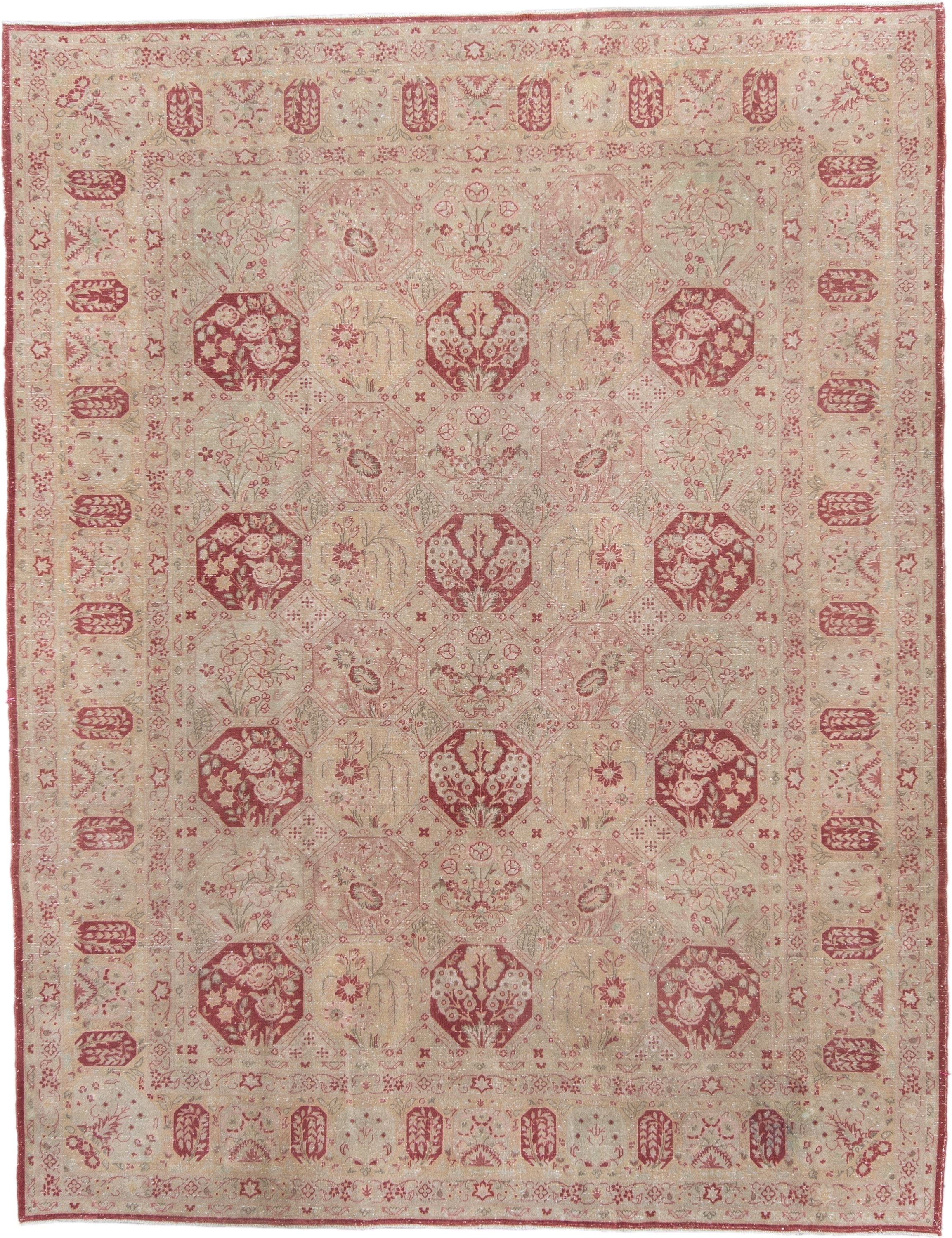 6' x 8' one-of-a-kind handmade antique Tabriz medium size rug. Color palette: ivory, rose, dusty red, blush, sage, beige